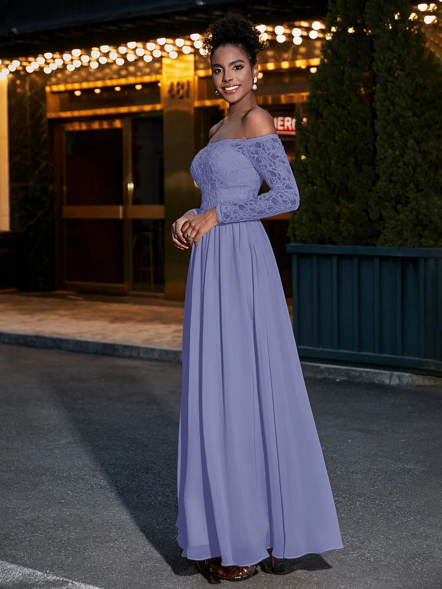 Lace and Chiffon Long Sleeves Dresses with Pockets-Periwinkle - Image 3