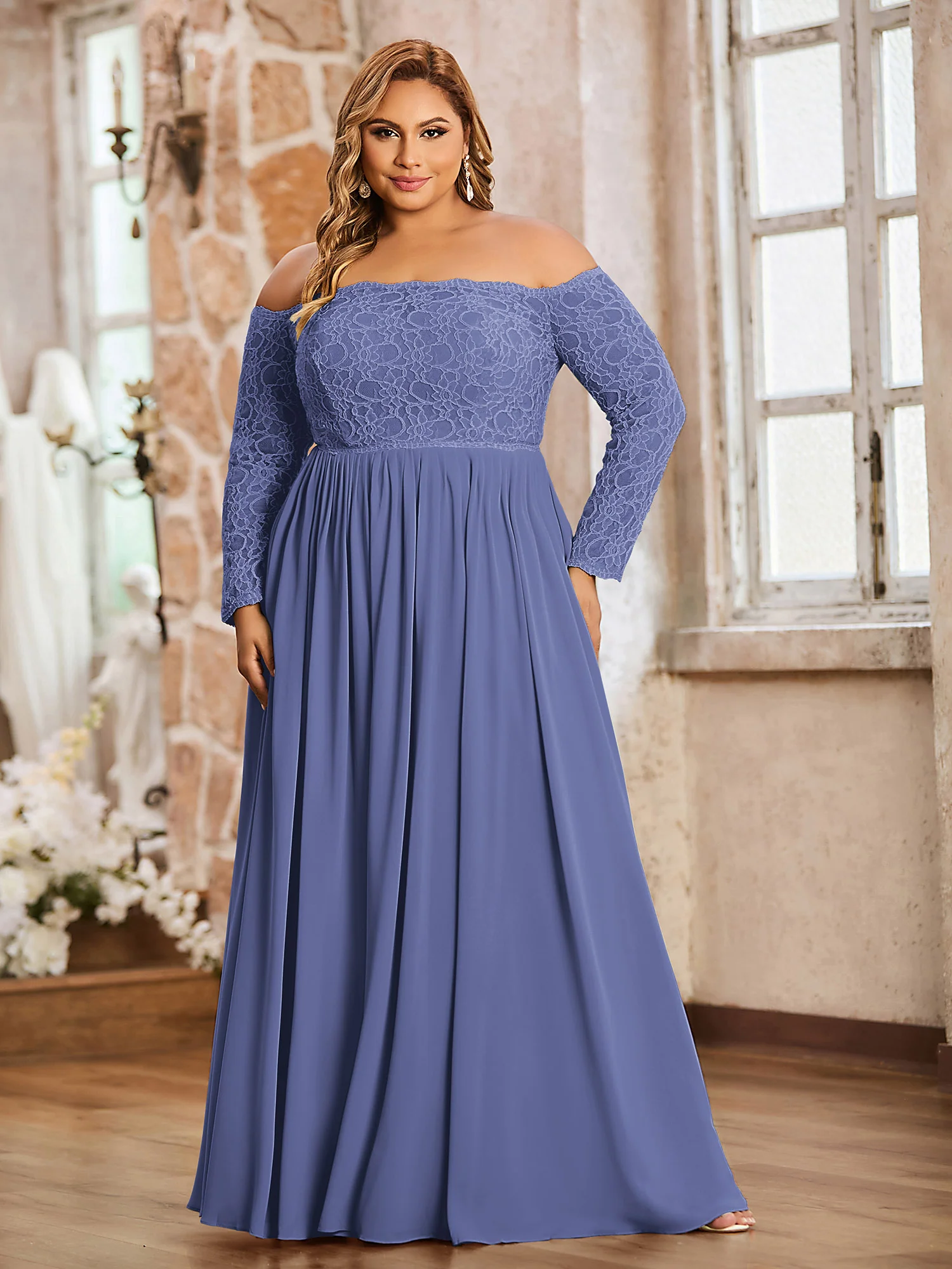 Lace and Chiffon Long Sleeves Dresses with Pockets-Periwinkle - Image 4