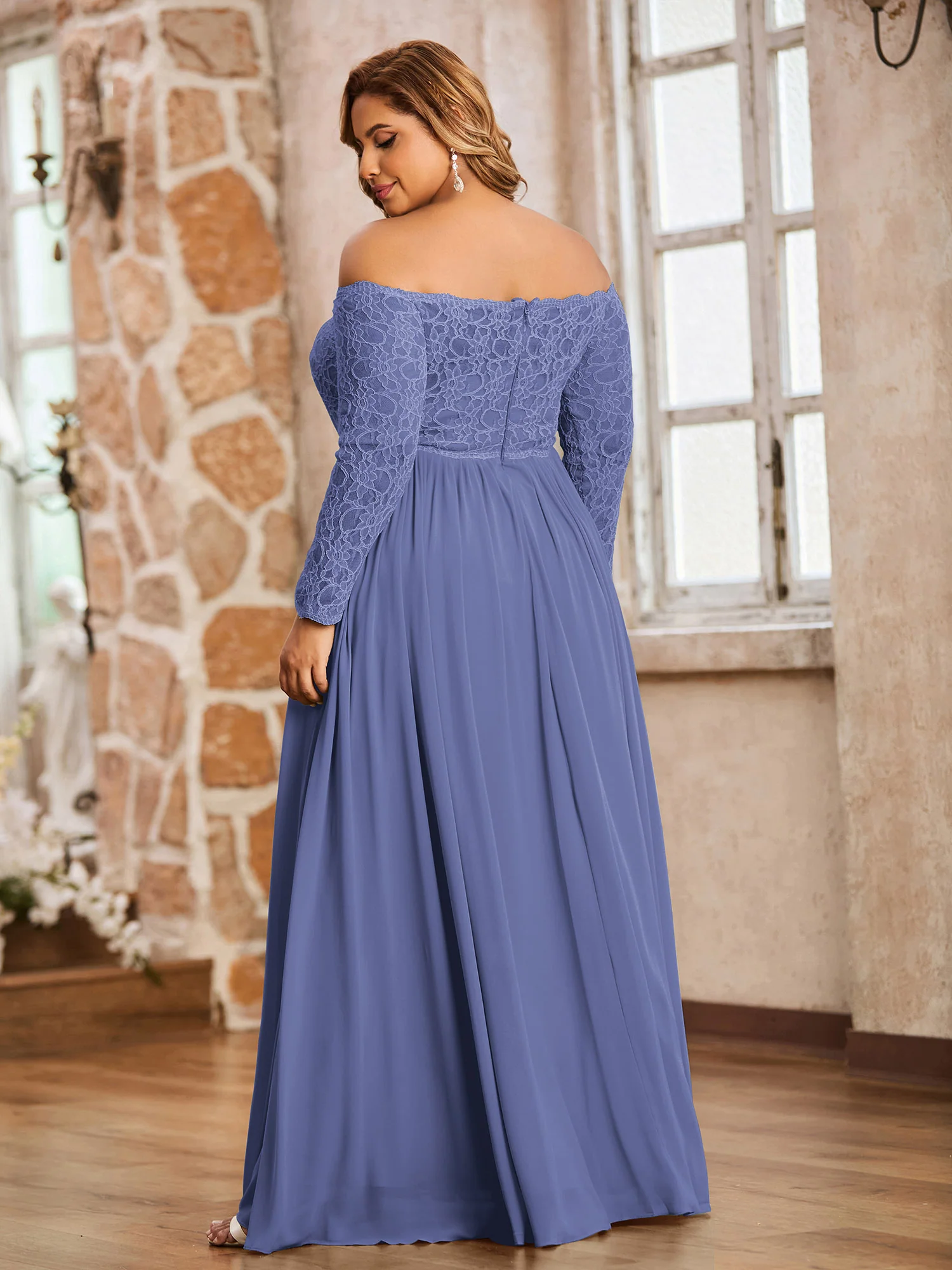 Lace and Chiffon Long Sleeves Dresses with Pockets-Periwinkle - Image 5