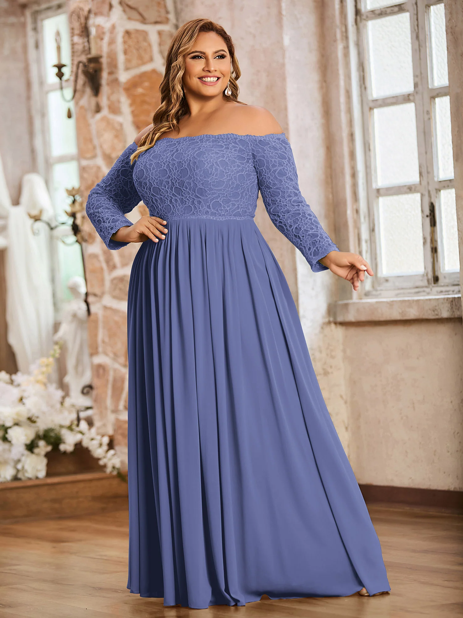 Lace and Chiffon Long Sleeves Dresses with Pockets-Periwinkle - Image 6