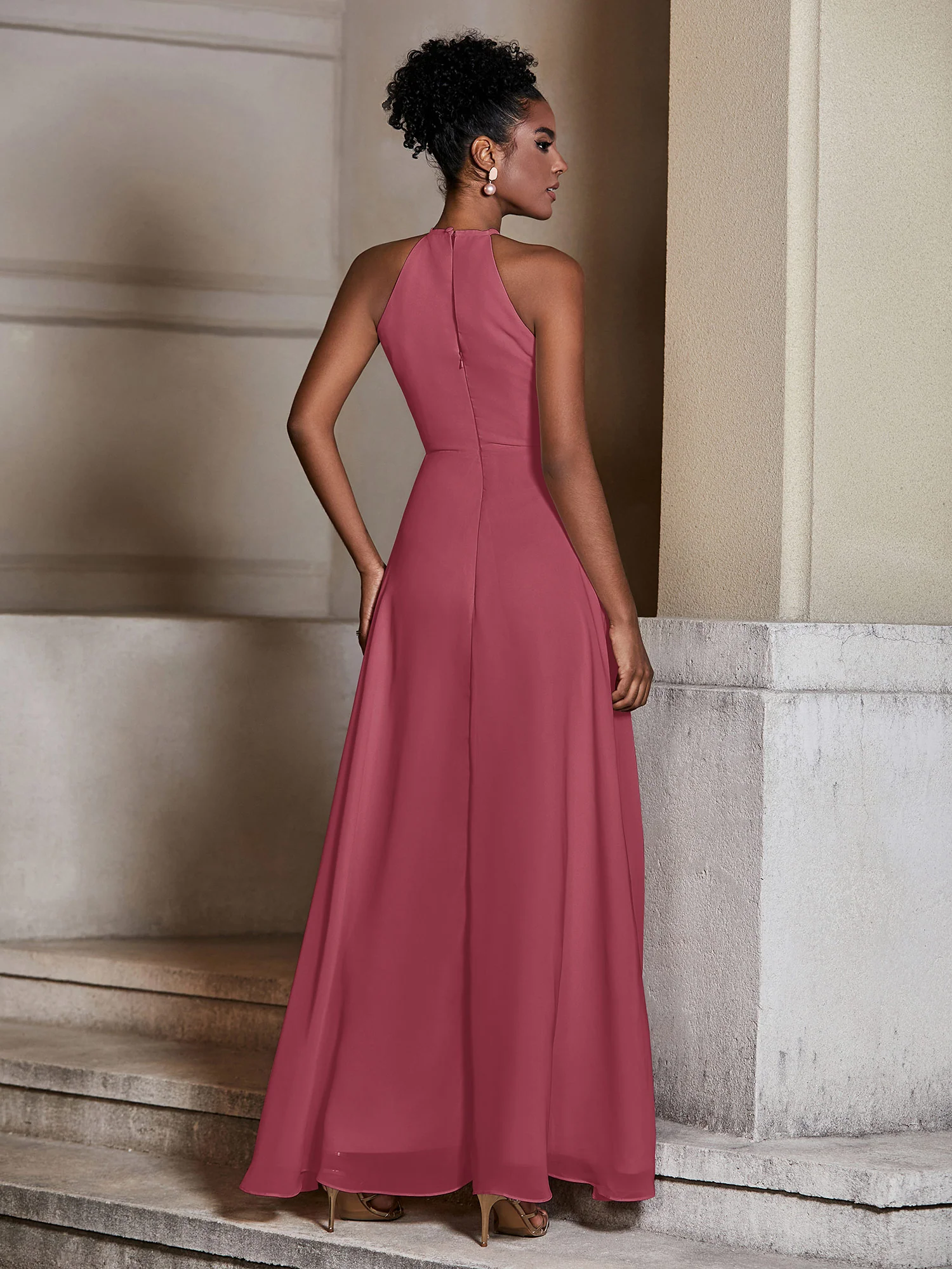 Chiffon Long Halter Dresses with Slit-Cinnamon Rose - Image 2