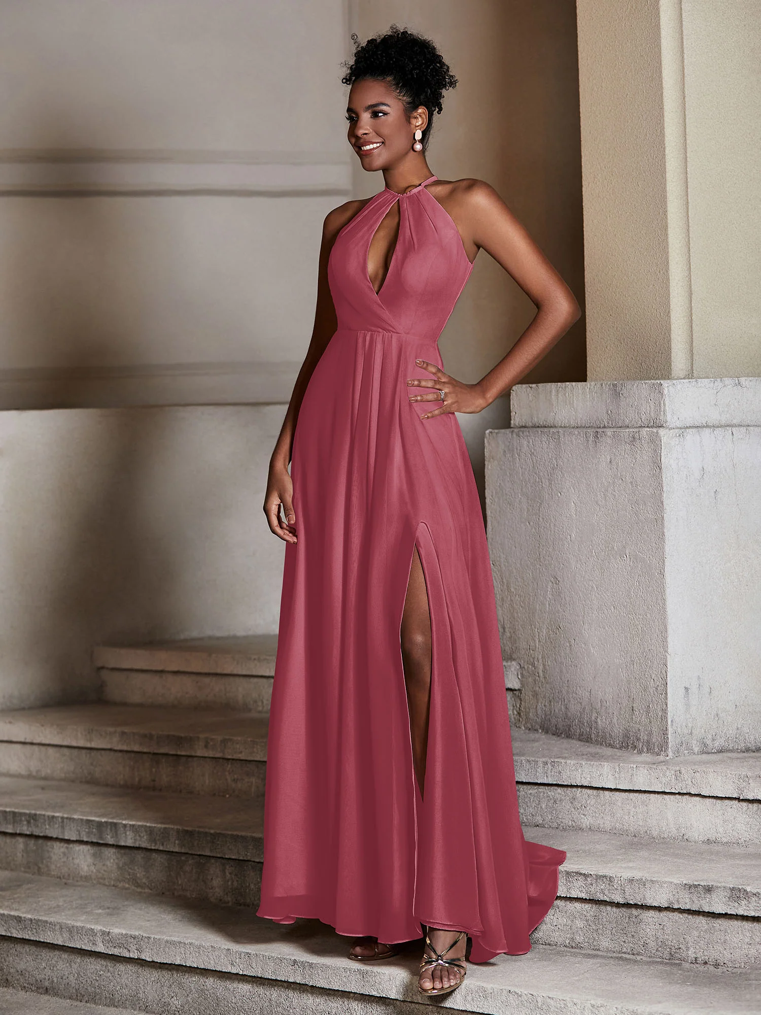 Chiffon Long Halter Dresses with Slit-Cinnamon Rose - Image 3