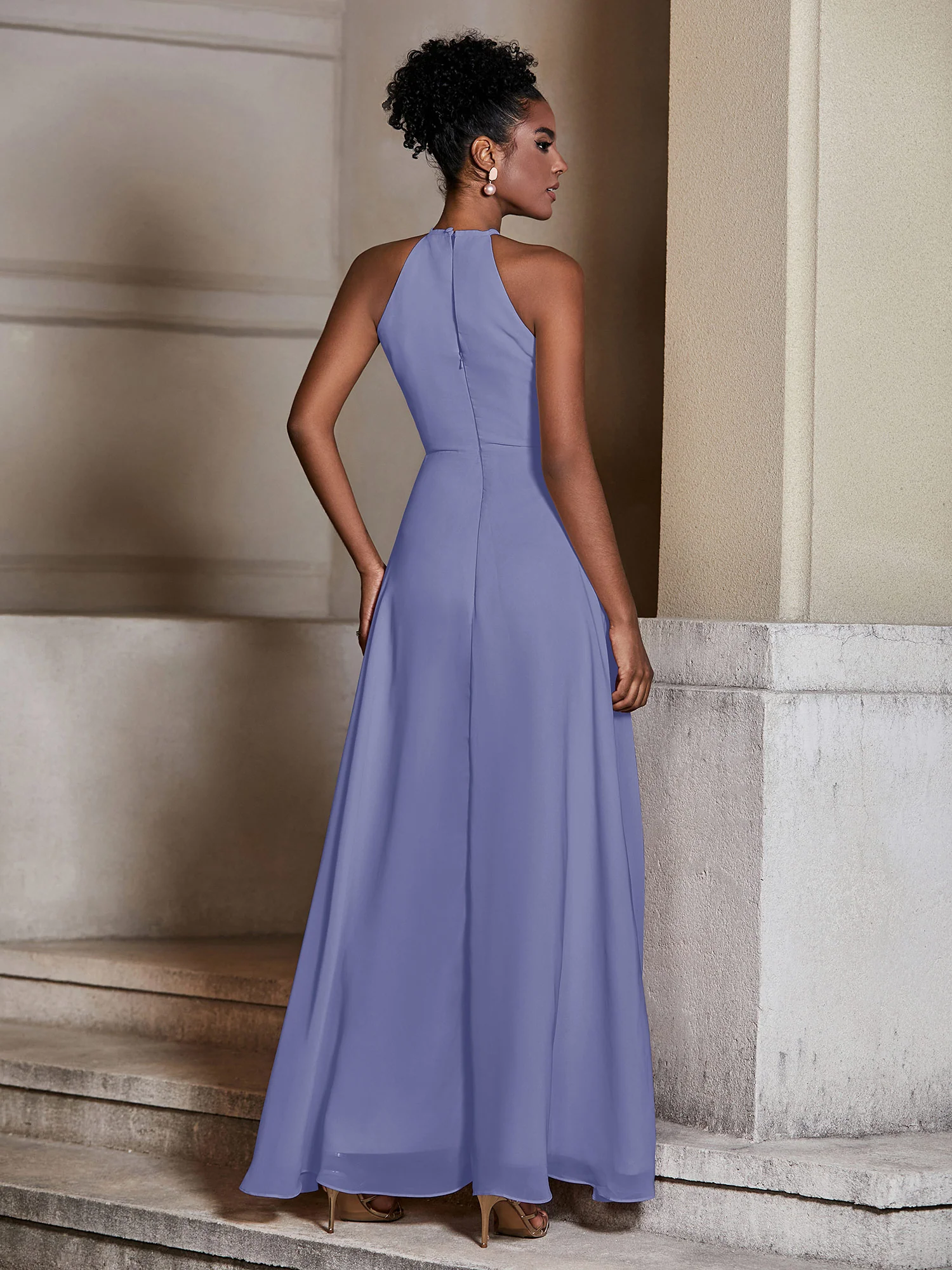 Chiffon Long Halter Dresses with Slit-Periwinkle - Image 2