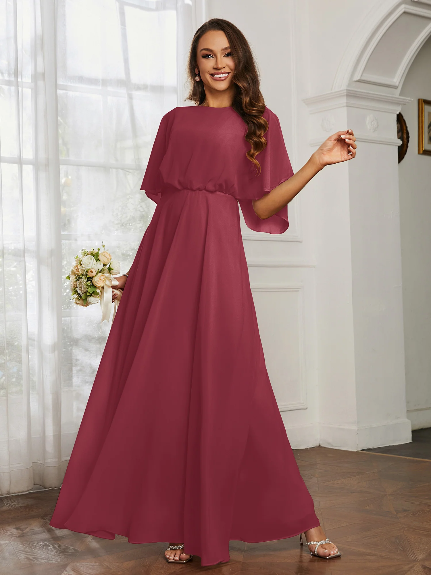 Flutter Sleeves Long Chiffon Bridesmaid Dresses-Cinnamon Rose - Image 3