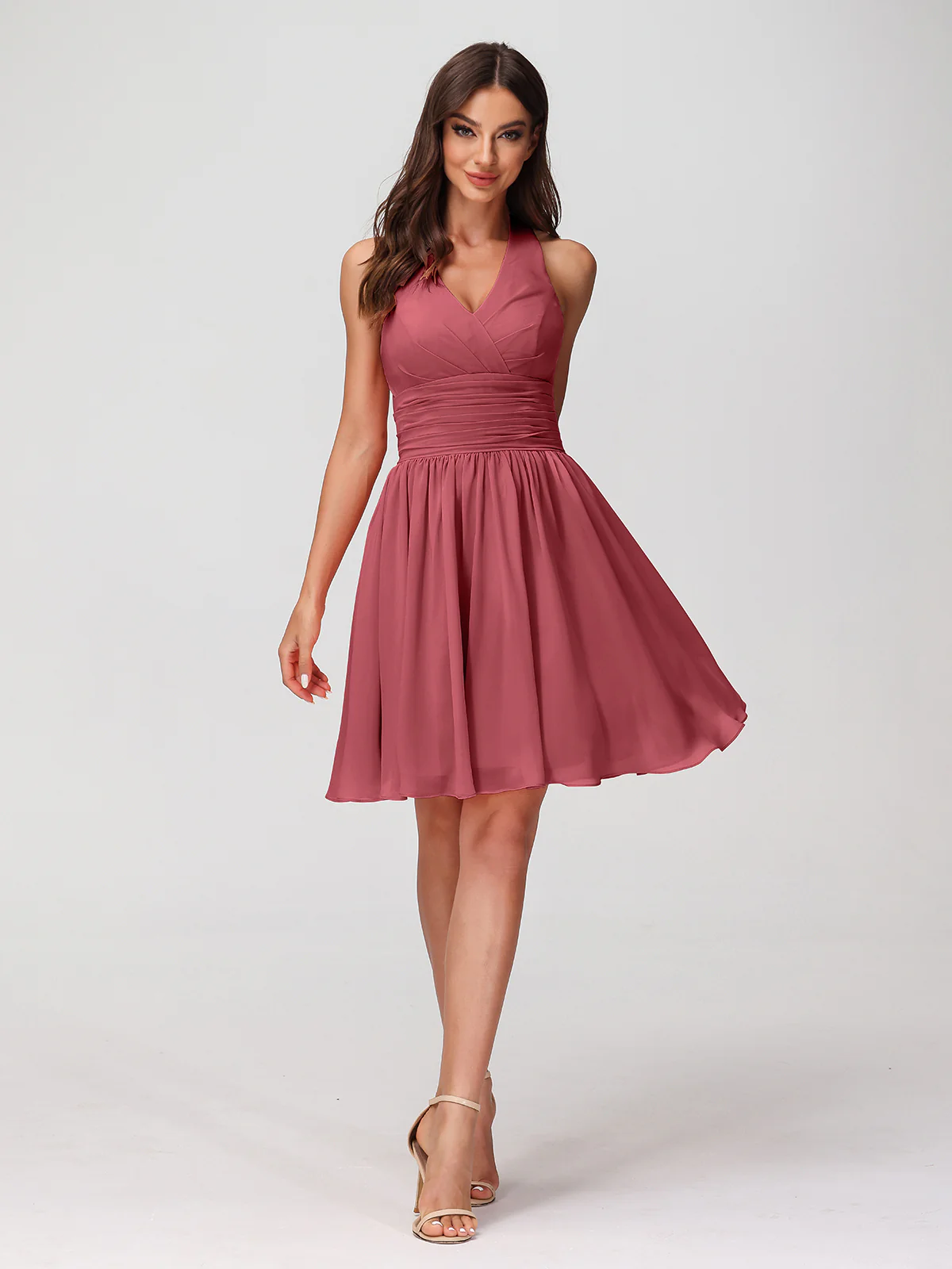 Halter V Neck Short Chiffon Bridesmaid Dresses-Cinnamon Rose Plus Size