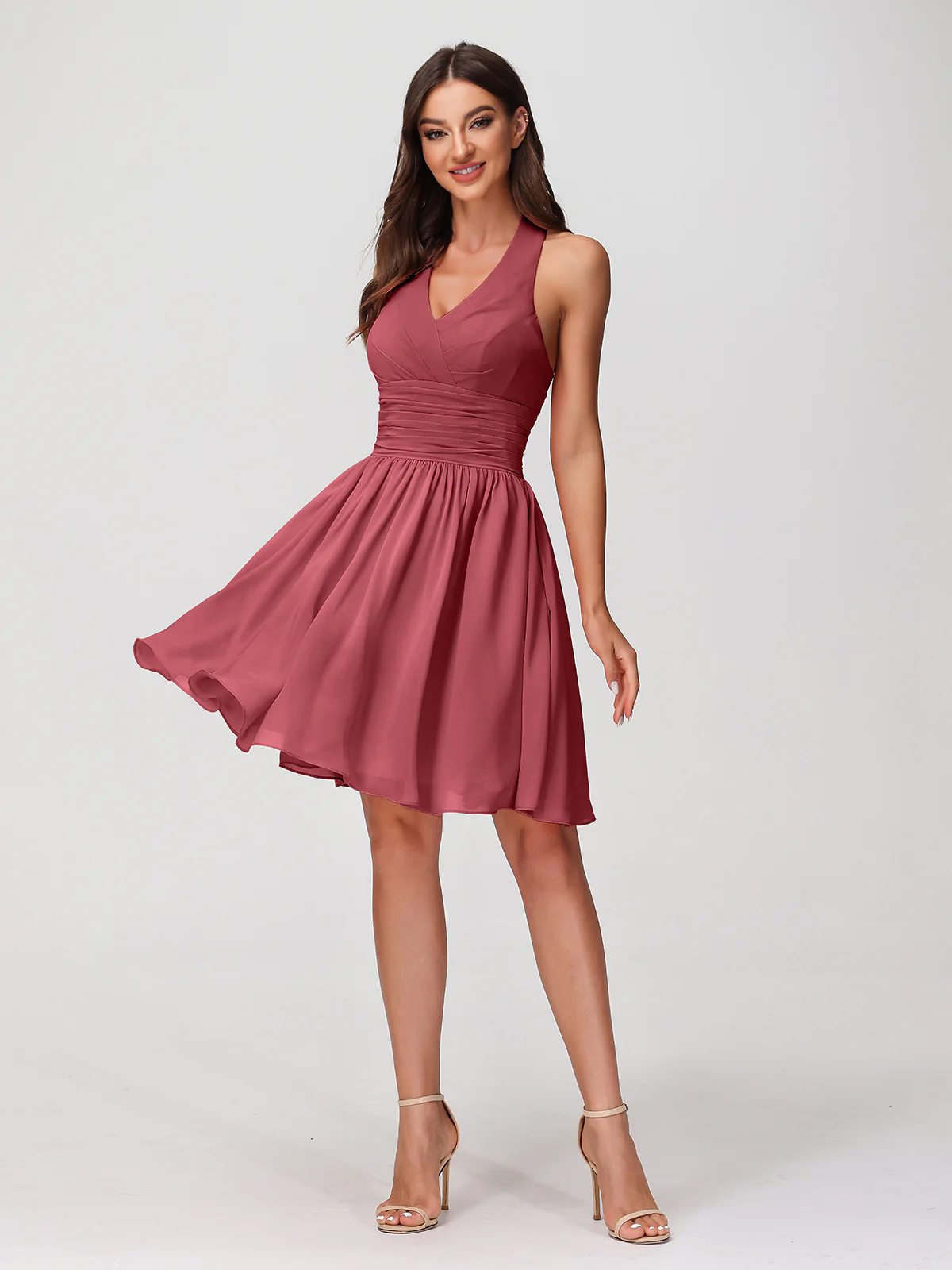Halter V Neck Short Chiffon Bridesmaid Dresses-Cinnamon Rose Plus Size - Image 4