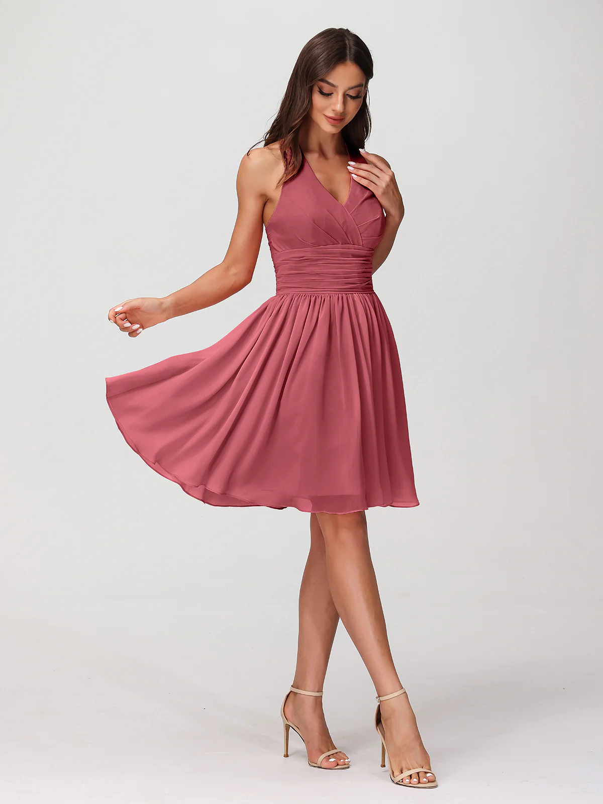 Halter V Neck Short Chiffon Bridesmaid Dresses-Cinnamon Rose Plus Size - Image 5