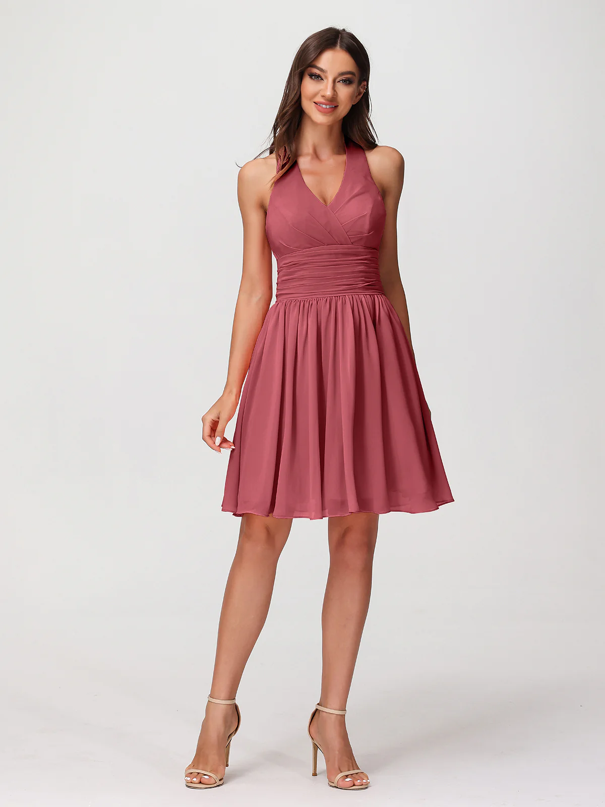 Halter V Neck Short Chiffon Bridesmaid Dresses-Cinnamon Rose Plus Size - Image 6
