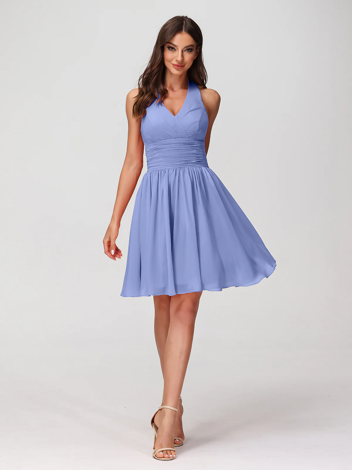 Halter V Neck Short Chiffon Bridesmaid Dresses-Periwinkle