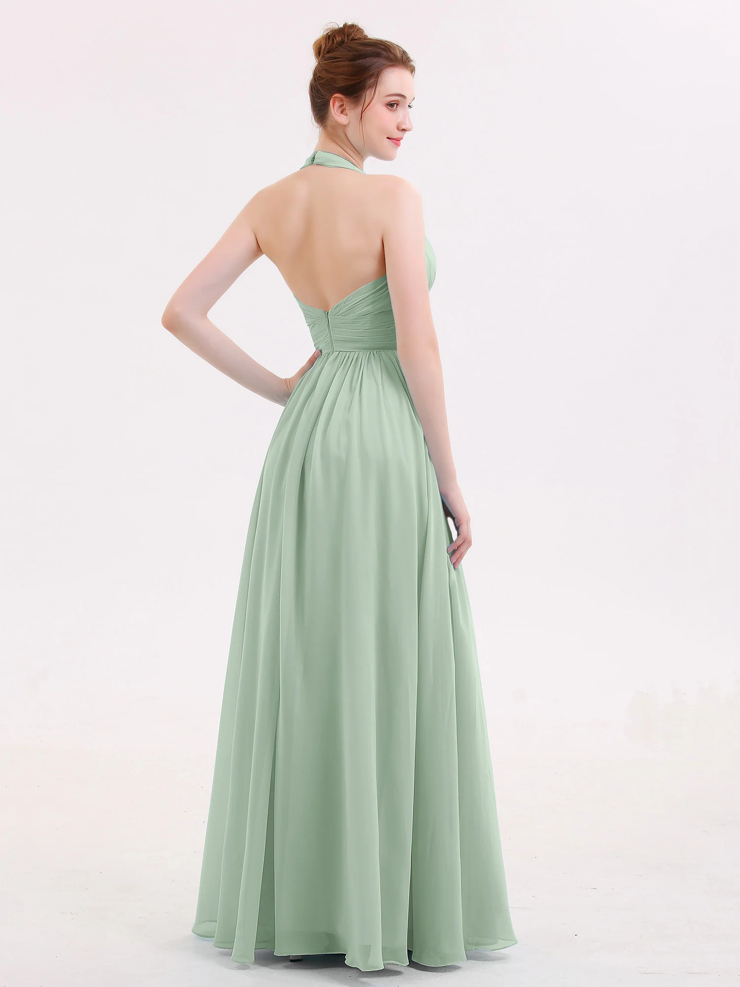 Halter V Neck Chiffon Bridesmaid Gown-Agave - Image 2