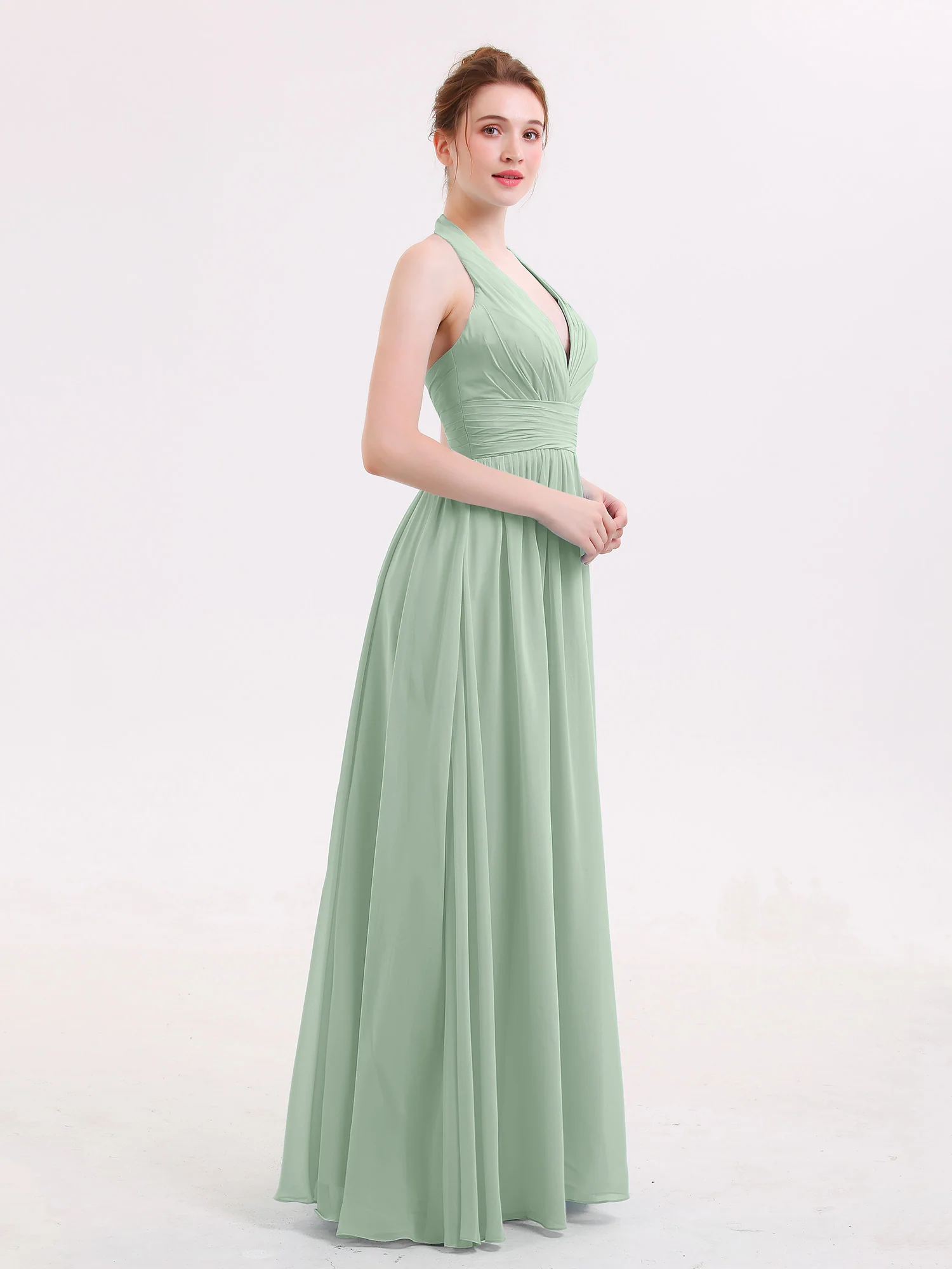 Halter V Neck Chiffon Bridesmaid Gown-Agave - Image 3