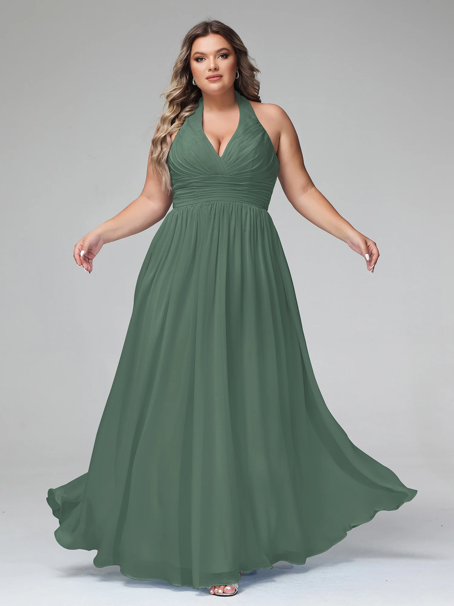 Halter V Neck Chiffon Bridesmaid Gown-Eucalyptus - Image 4
