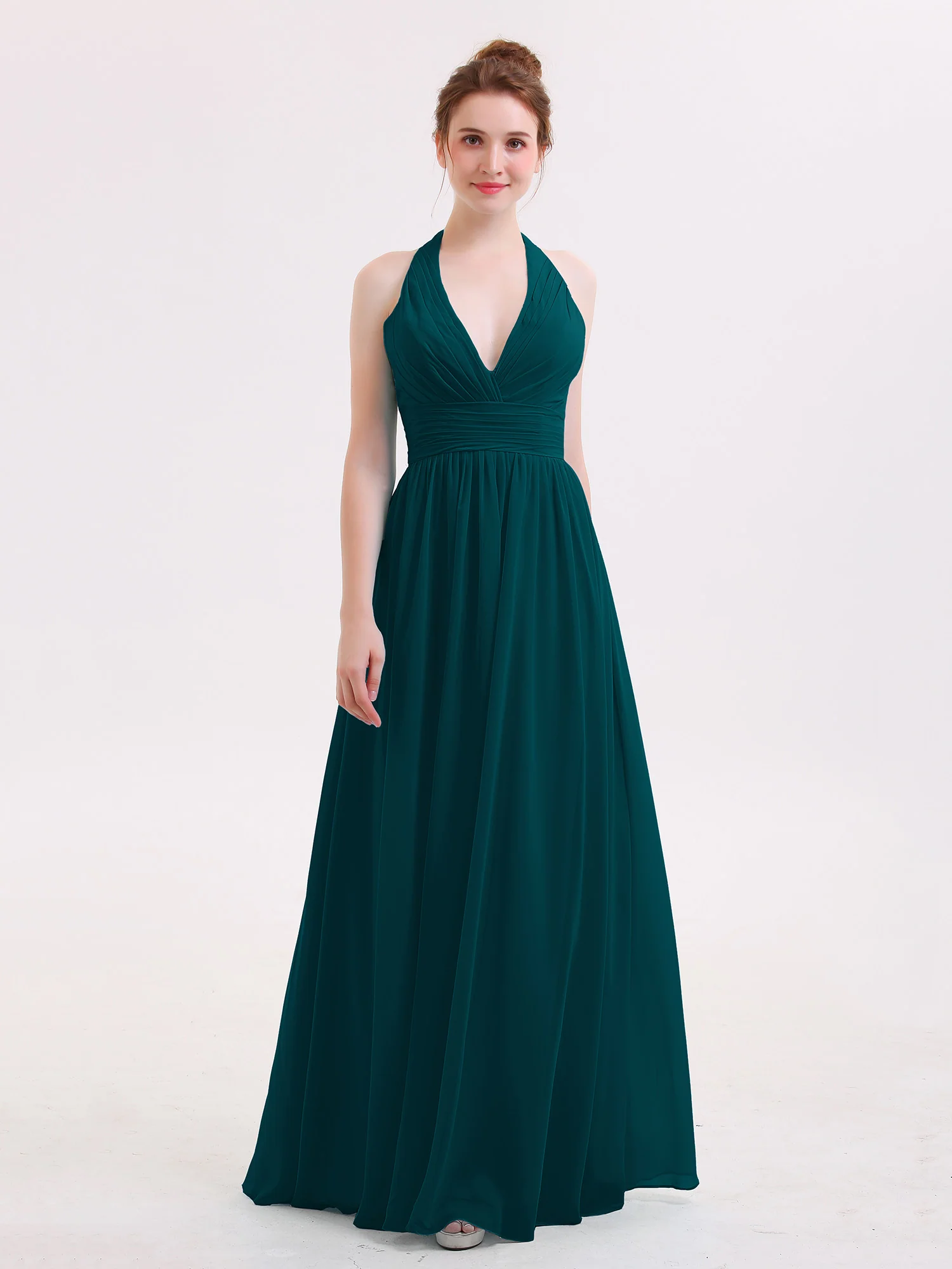 Halter V Neck Chiffon Bridesmaid Gown-Pine
