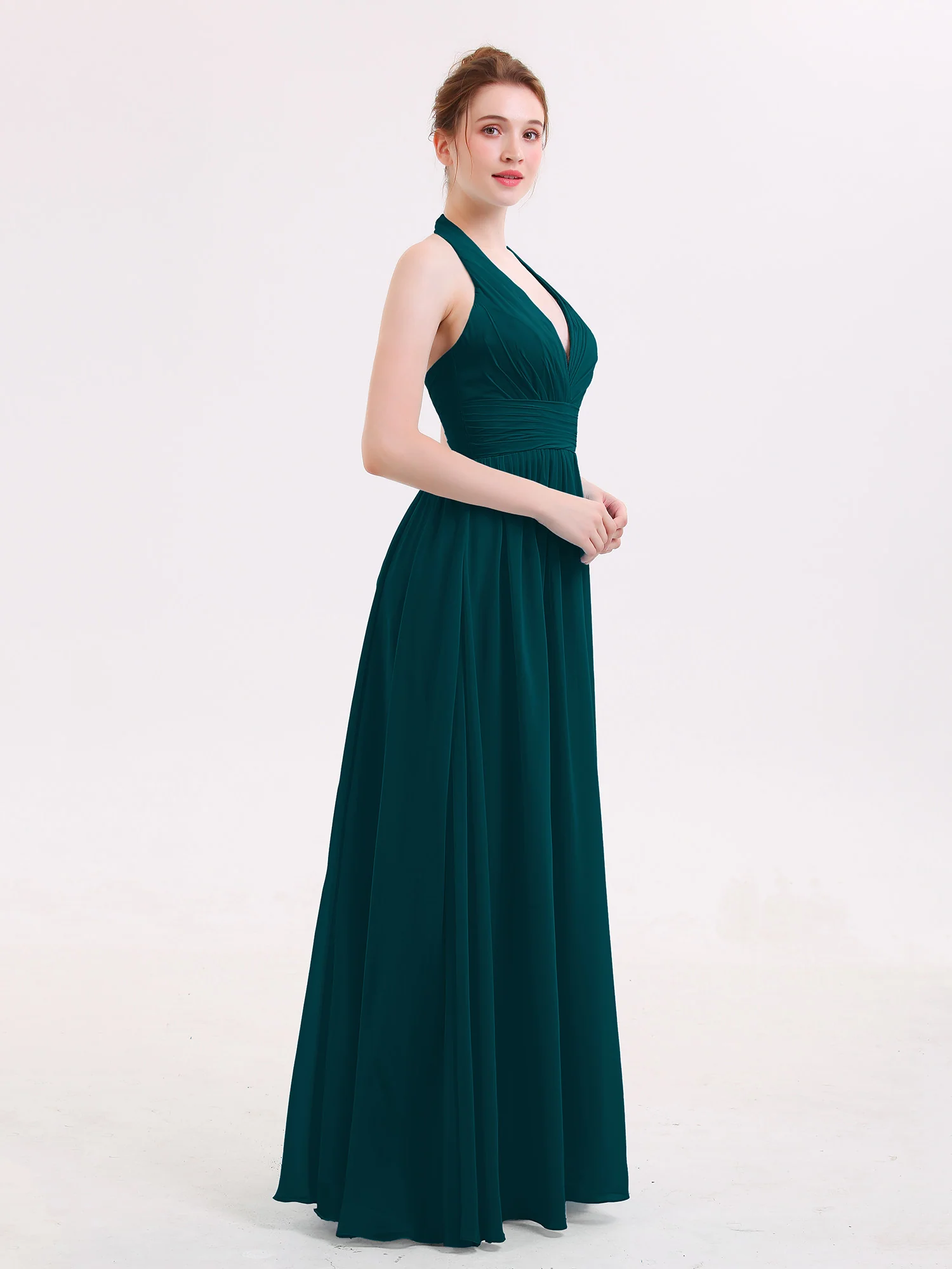 Halter V Neck Chiffon Bridesmaid Gown-Pine - Image 3