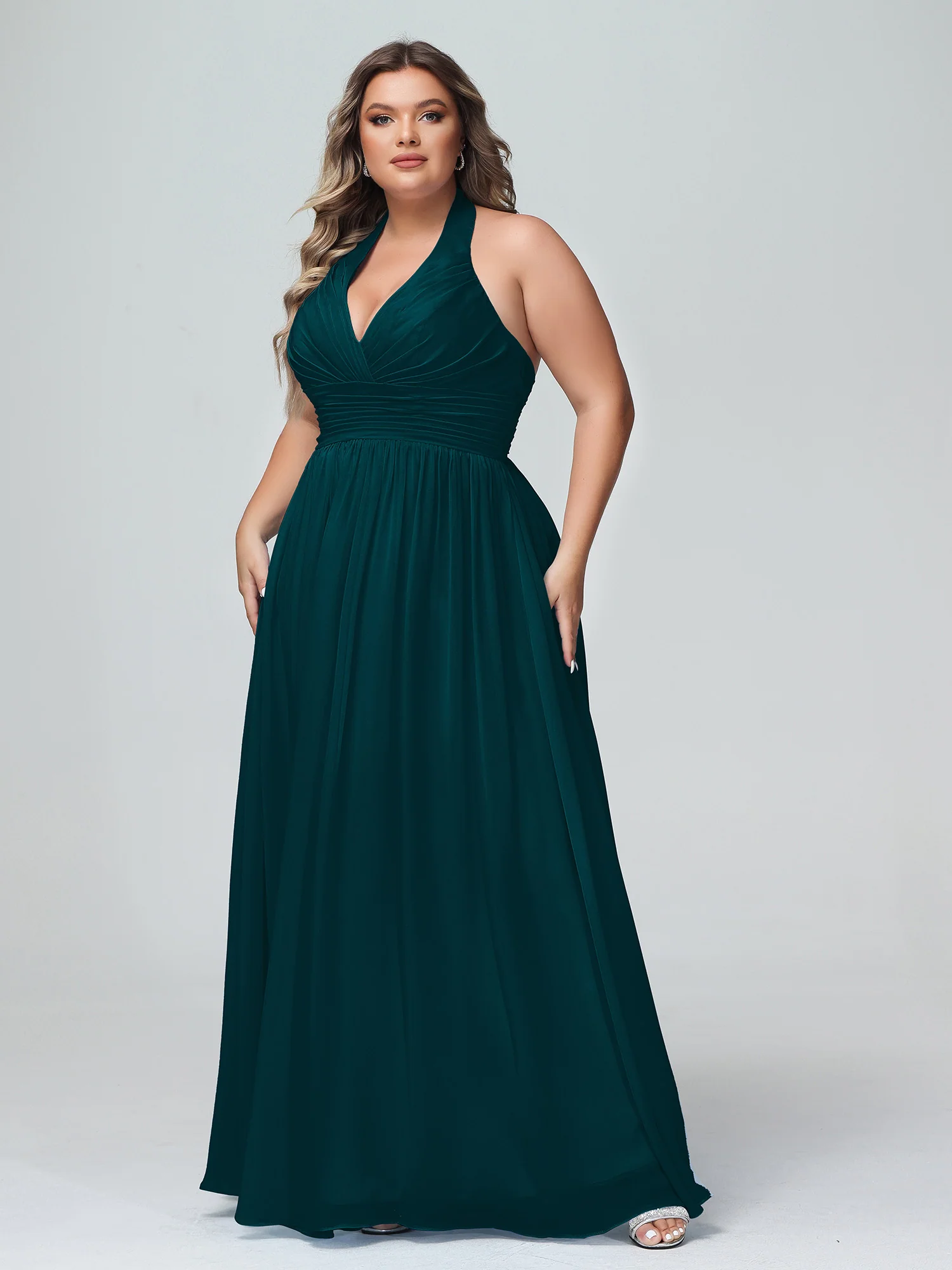 Halter V Neck Chiffon Bridesmaid Gown-Pine - Image 6