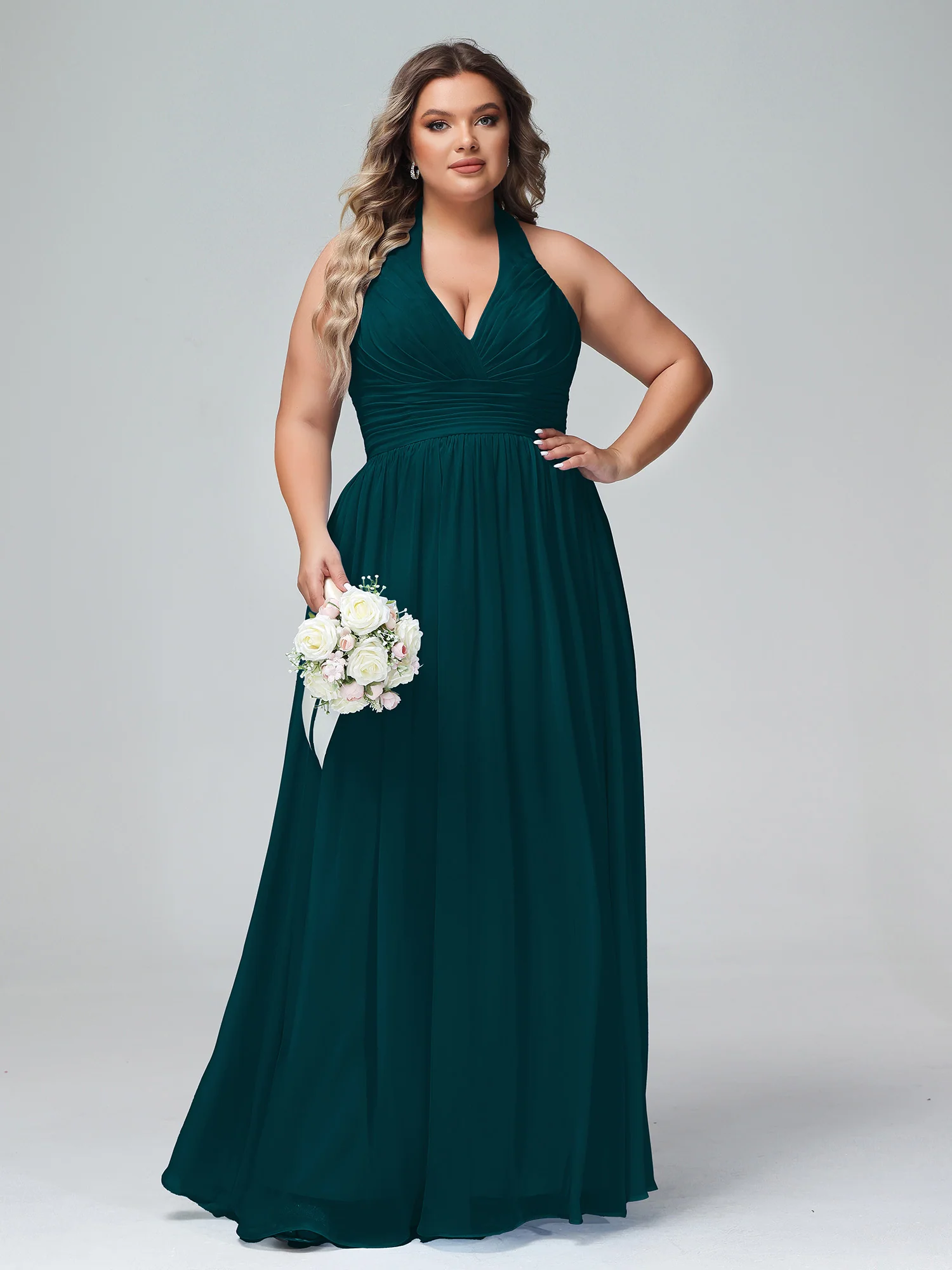 Halter V Neck Chiffon Bridesmaid Gown-Pine - Image 8