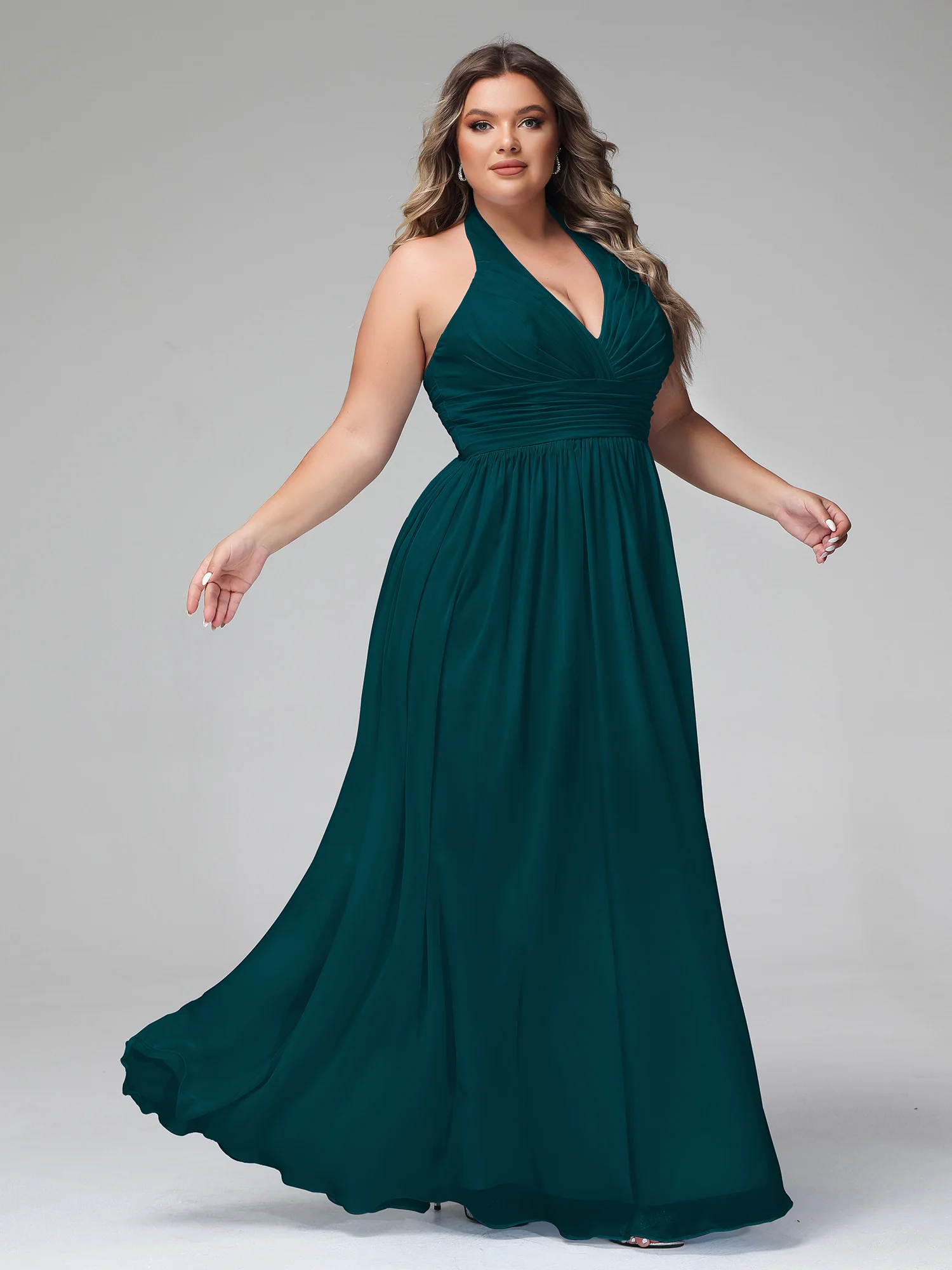 Halter V Neck Chiffon Bridesmaid Gown-Pine - Image 9