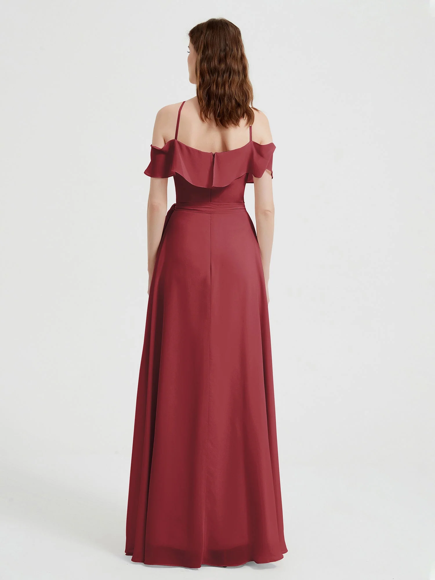 Y-neck Flutter Sleeves Long Bridesmaid Dresses Cinnamon Rose - Image 2