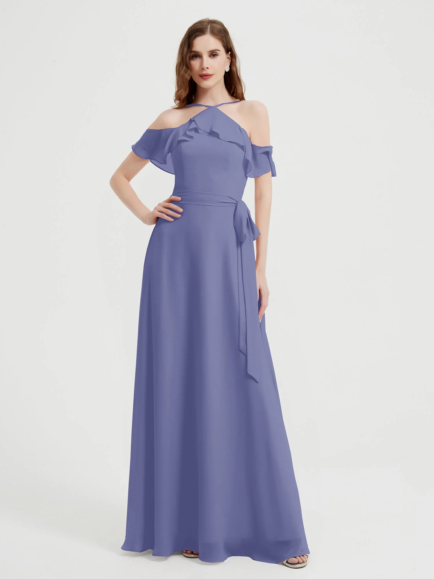 Y-neck Flutter Sleeves Long Bridesmaid Dresses Periwinkle