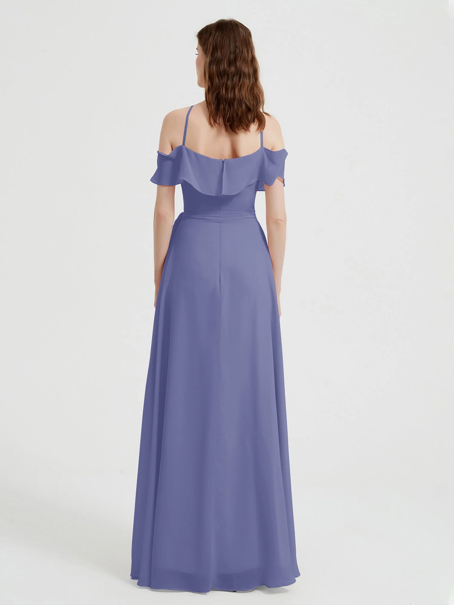 Y-neck Flutter Sleeves Long Bridesmaid Dresses Periwinkle - Image 2