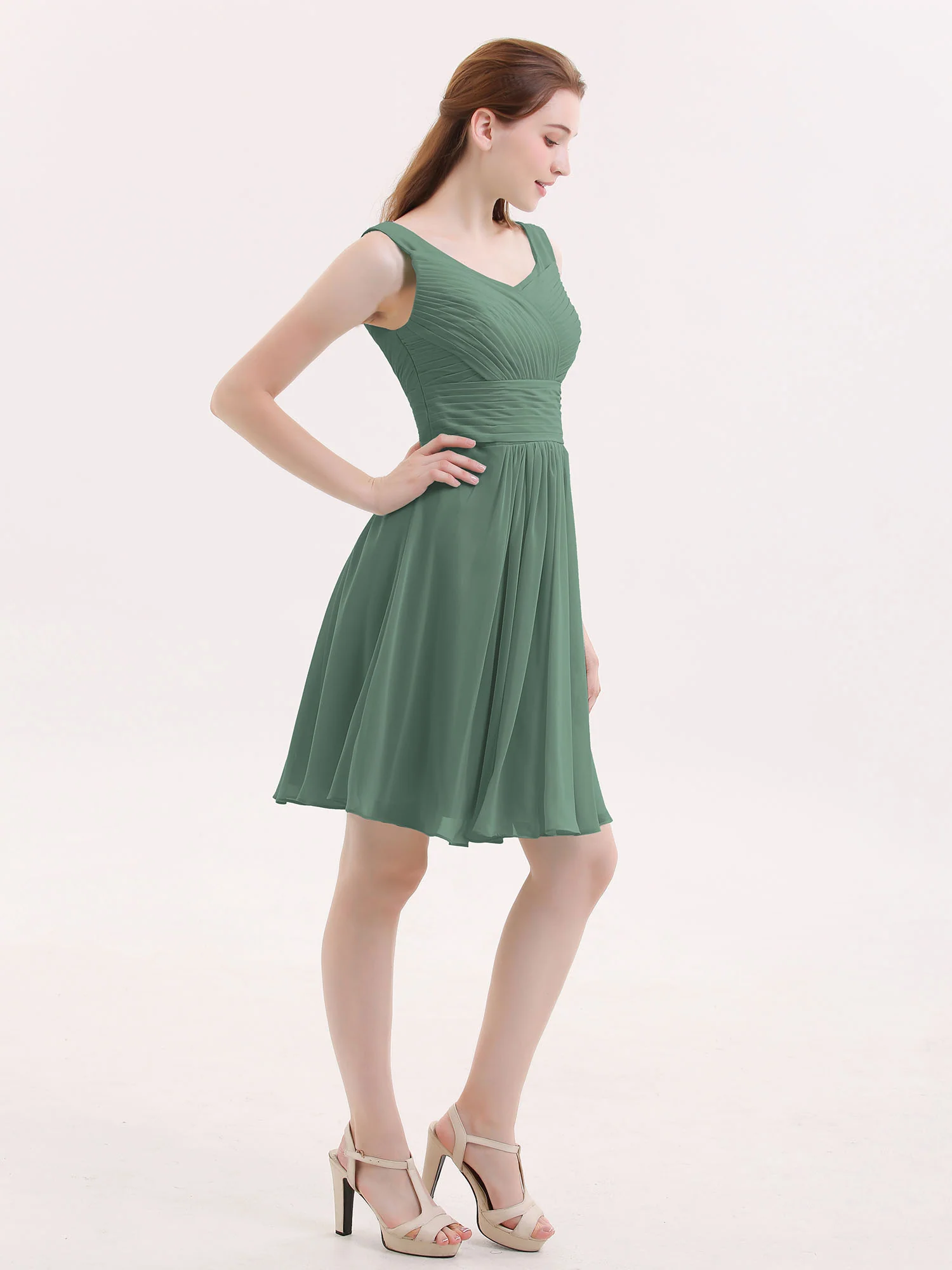 V Neck Chiffon Short Bridesmaid Dresses-Eucalyptus - Image 4