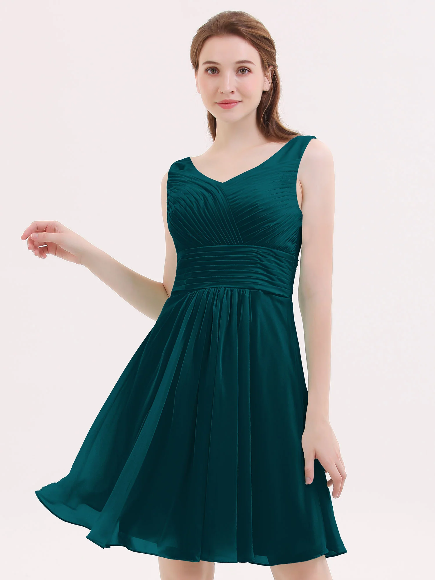 V Neck Chiffon Short Bridesmaid Dresses-Pine