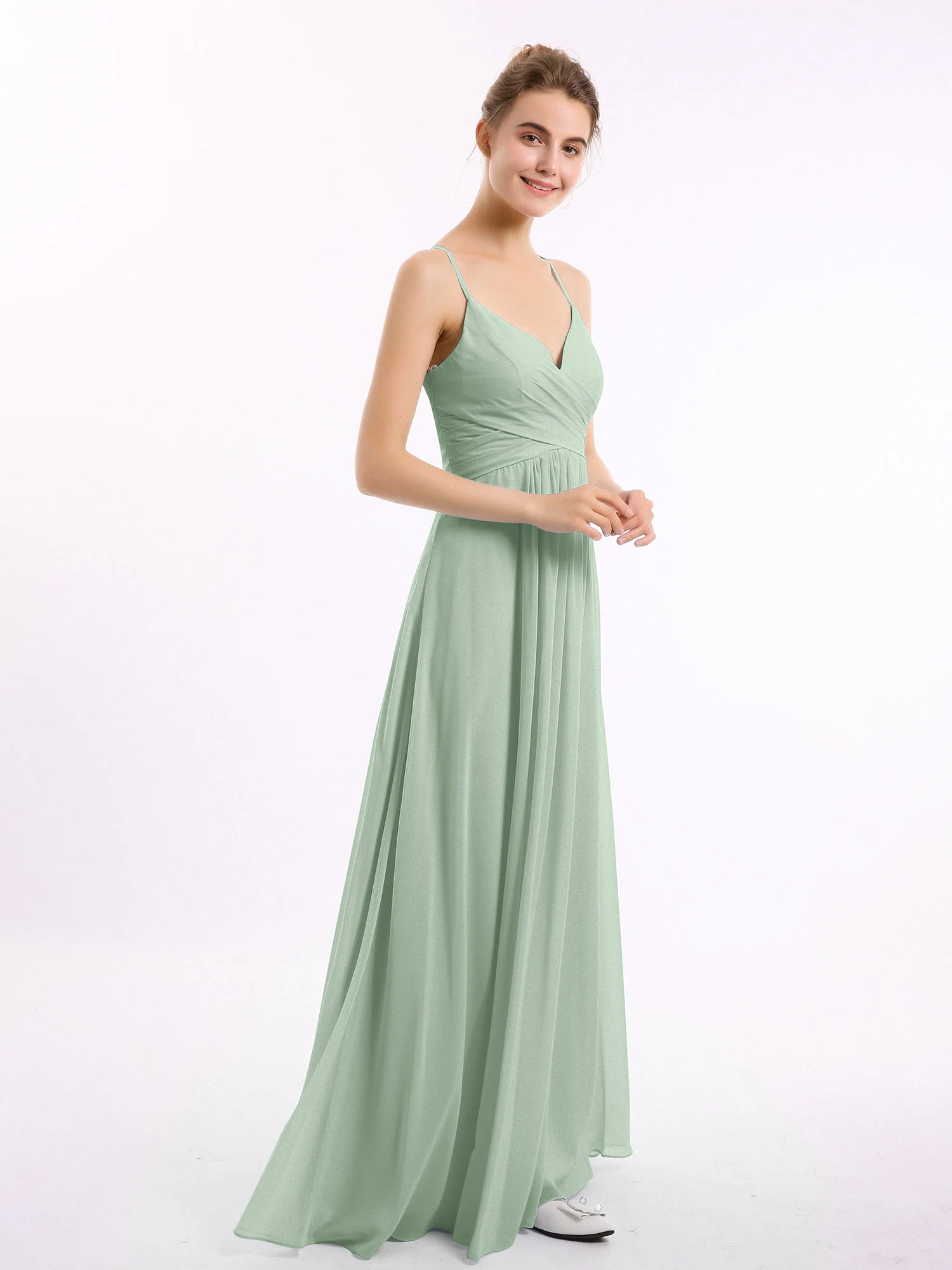 Spaghetti Strap V-neck Chiffon Dresses-Agave - Image 3