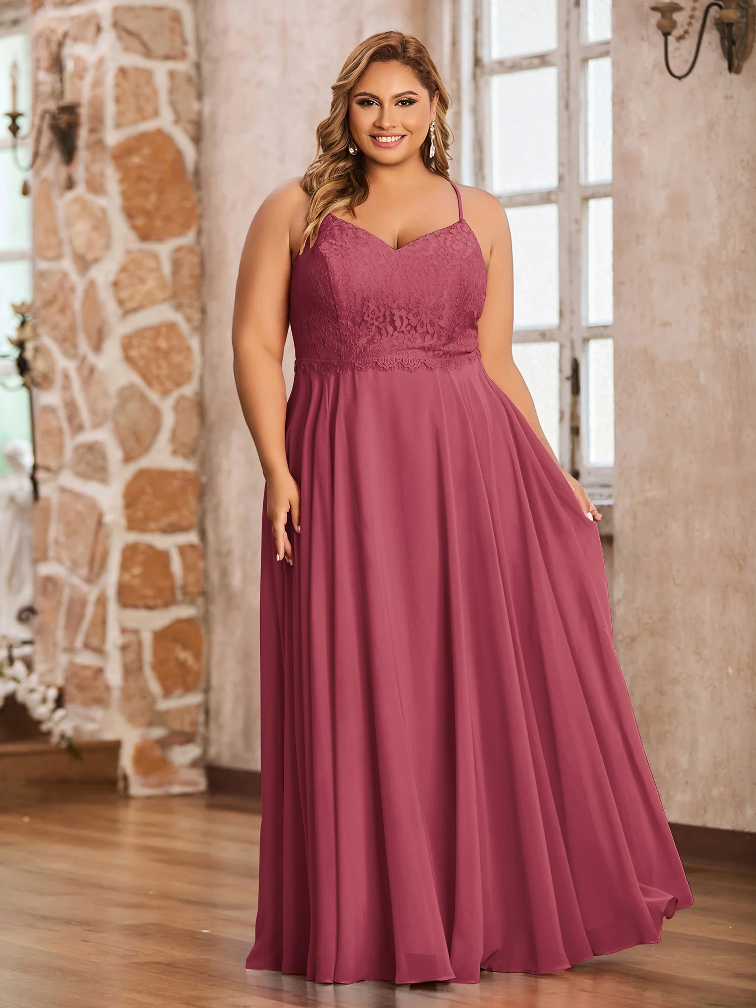 Spaghetti Strap Lace Dress with Corset Back-Cinnamon Rose Plus Size