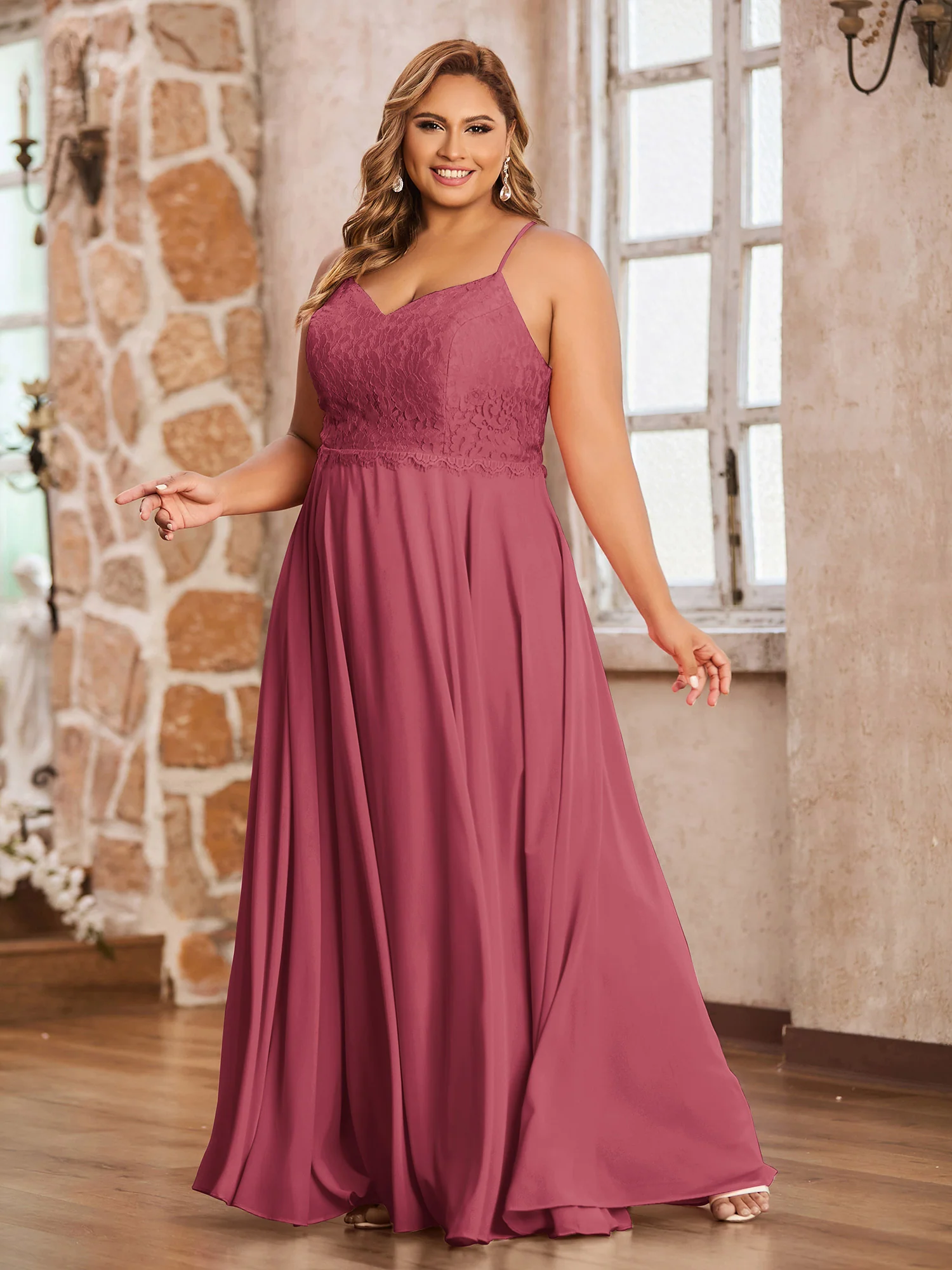 Spaghetti Strap Lace Dress with Corset Back-Cinnamon Rose Plus Size - Image 3
