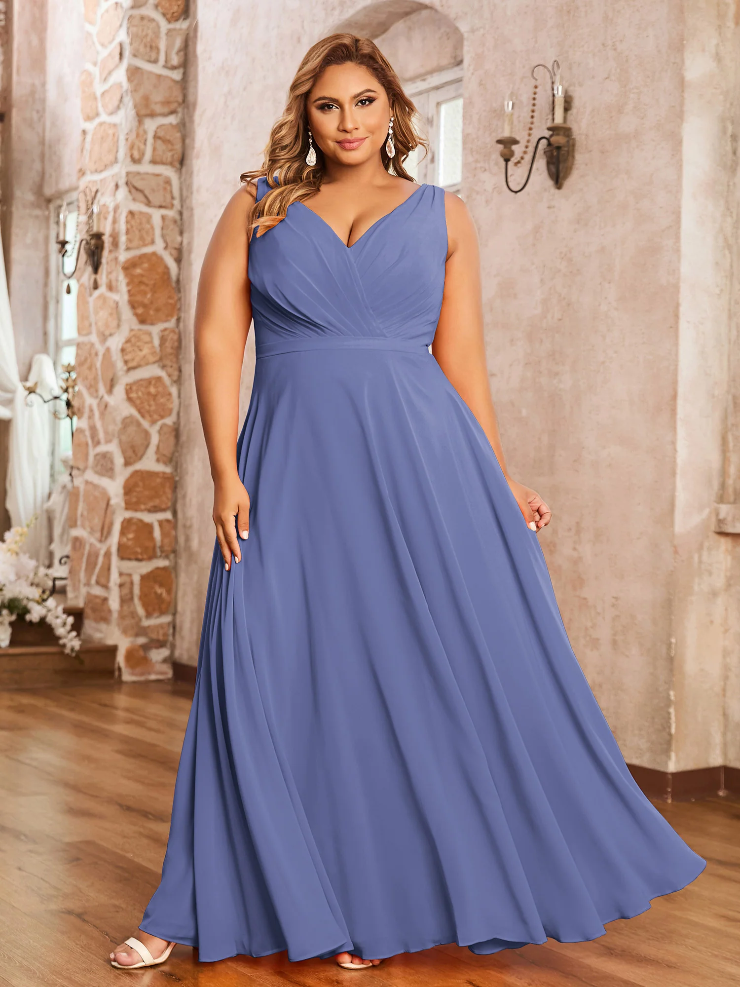 V Neckline Chiffon Bridesmaid Dresses Periwinkle - Image 4
