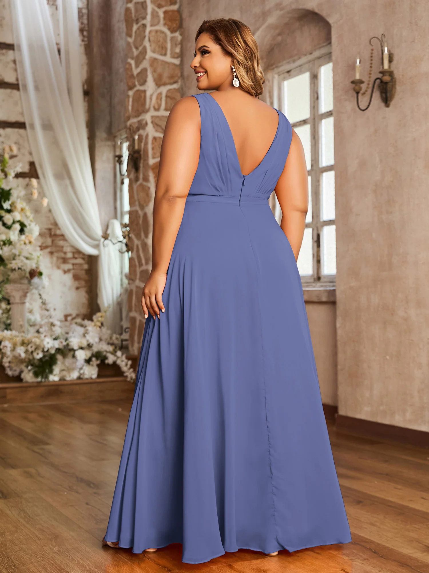 V Neckline Chiffon Bridesmaid Dresses Periwinkle - Image 5