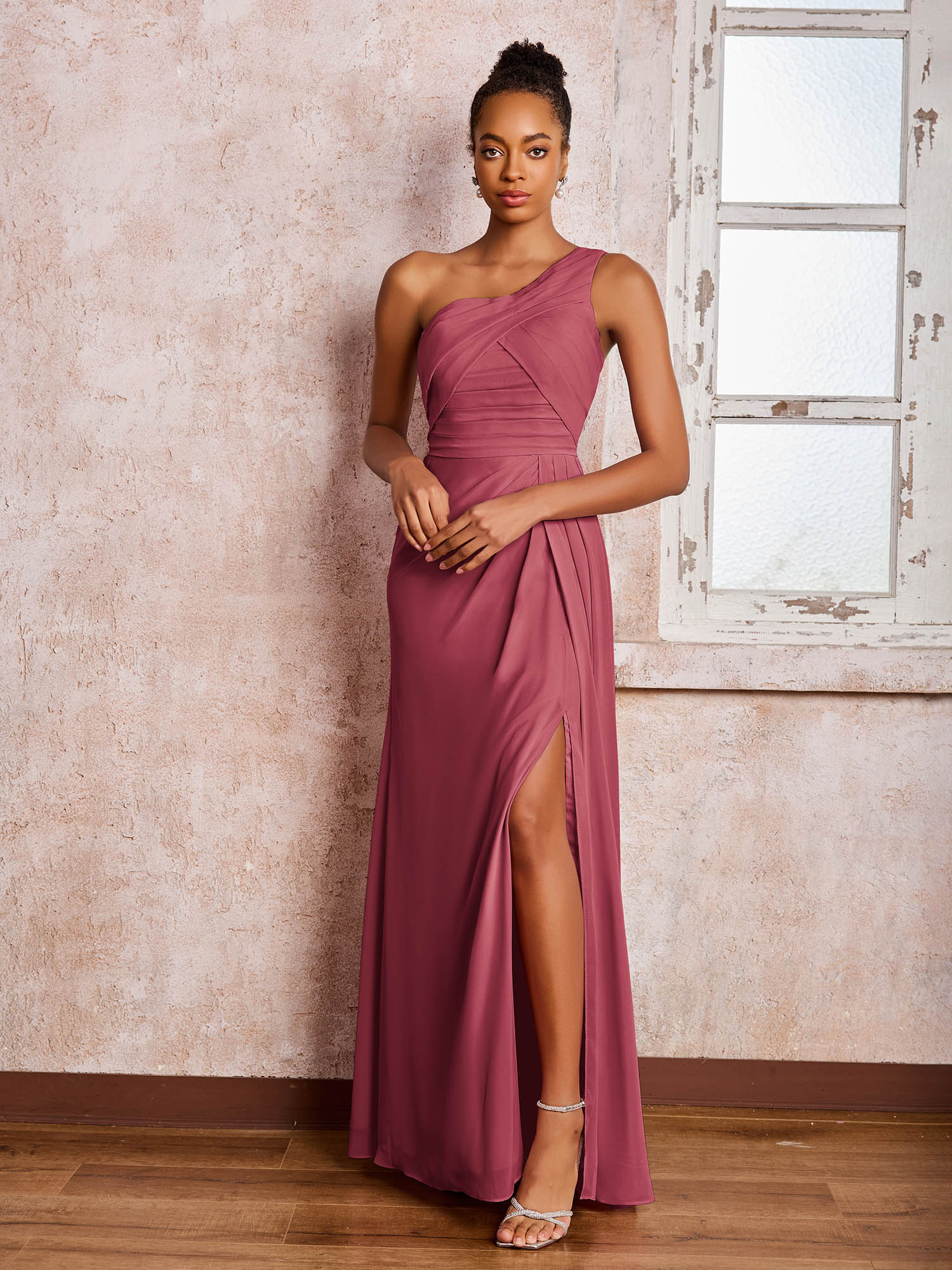 Backless One-Shoulder Pleated Chiffon Dresses with Slit Cinnamon Rose