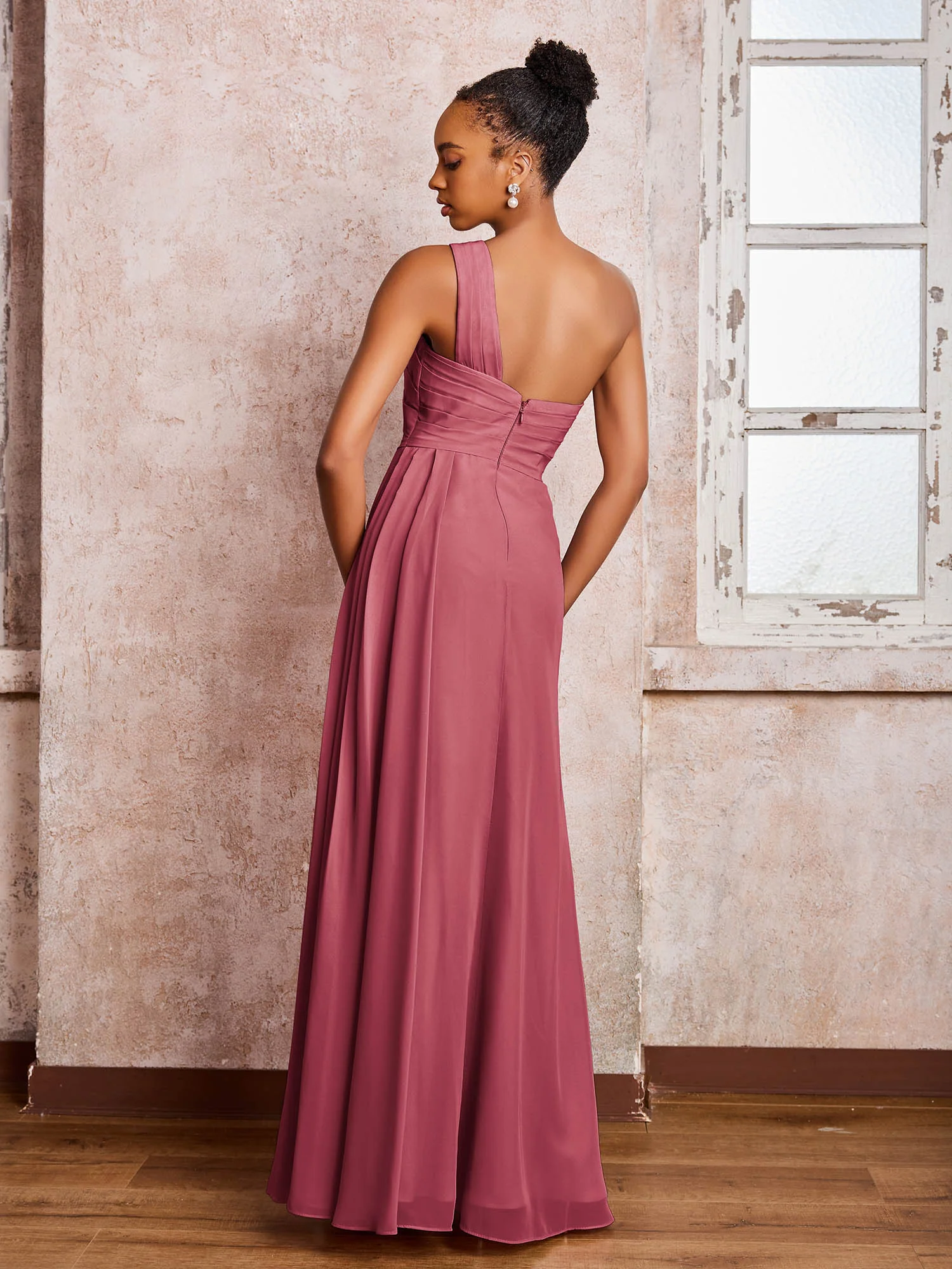 Backless One-Shoulder Pleated Chiffon Dresses with Slit Cinnamon Rose - Image 2