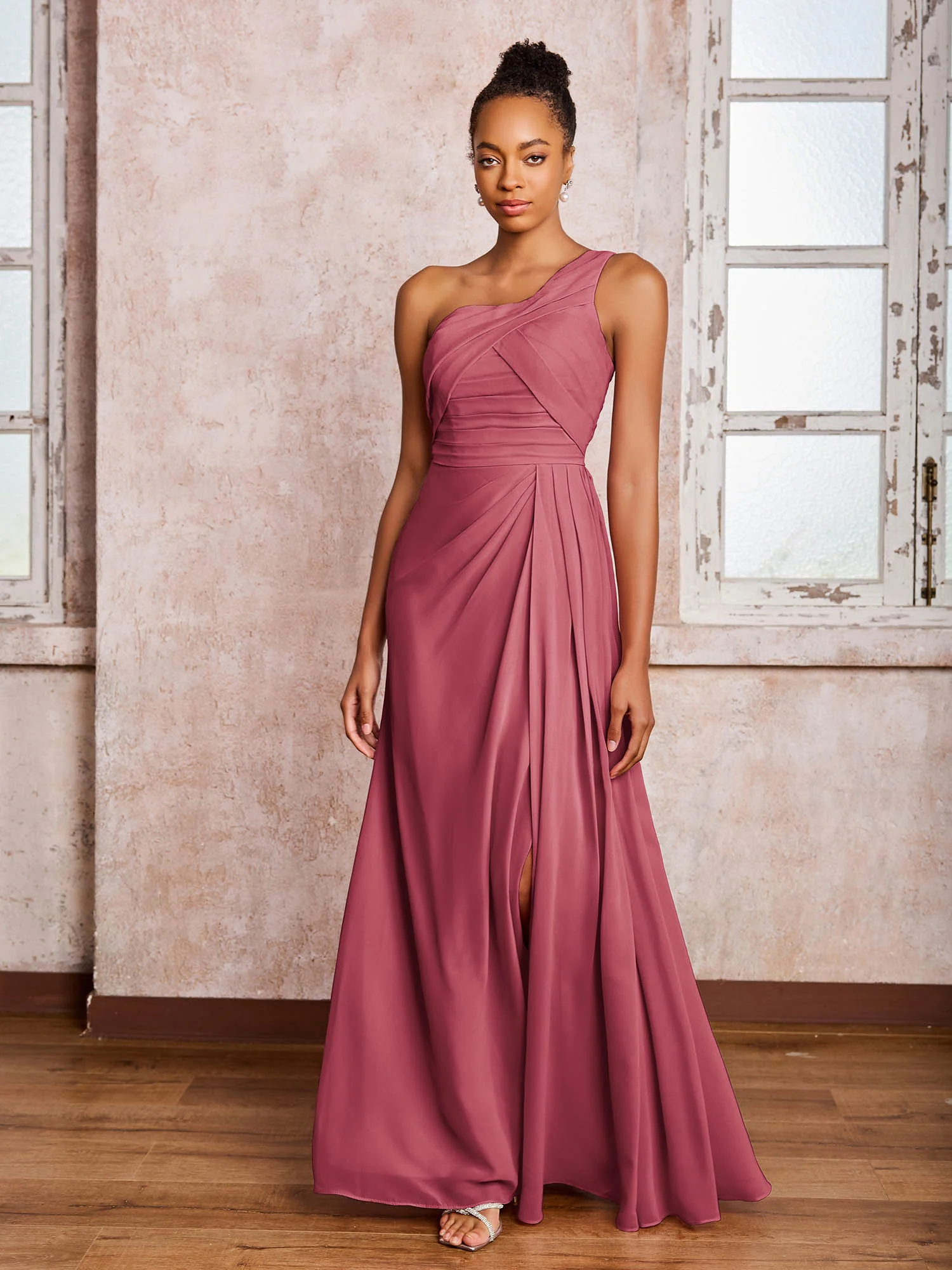 Backless One-Shoulder Pleated Chiffon Dresses with Slit Cinnamon Rose - Image 3