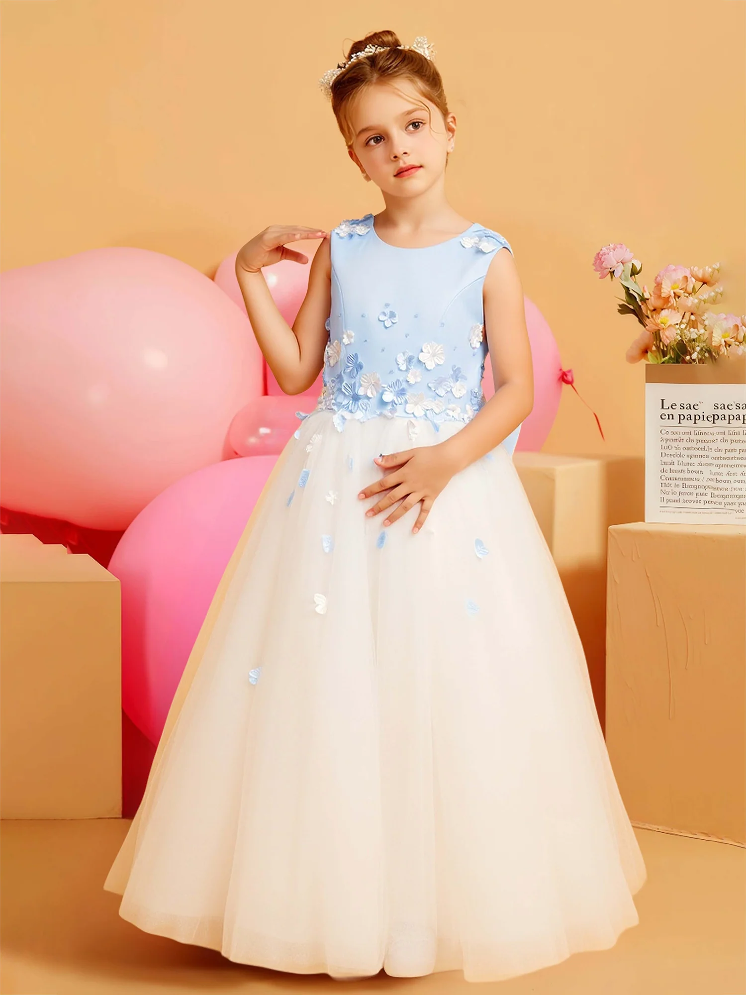 Ball Gown Floral Satin Tulle Flower Girl Dress With Bow Sky Blue