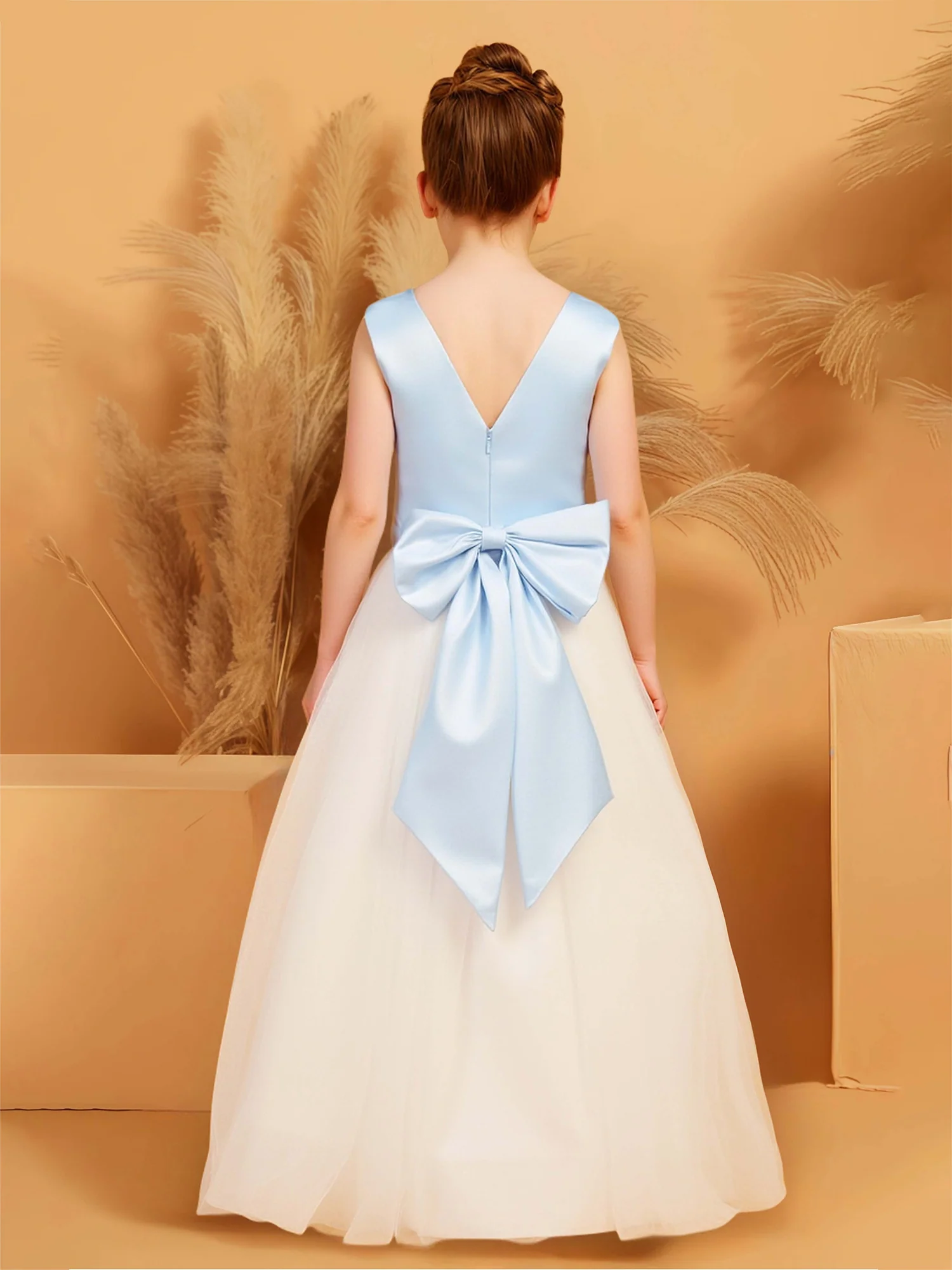 Ball Gown Floral Satin Tulle Flower Girl Dress With Bow Sky Blue - Image 2