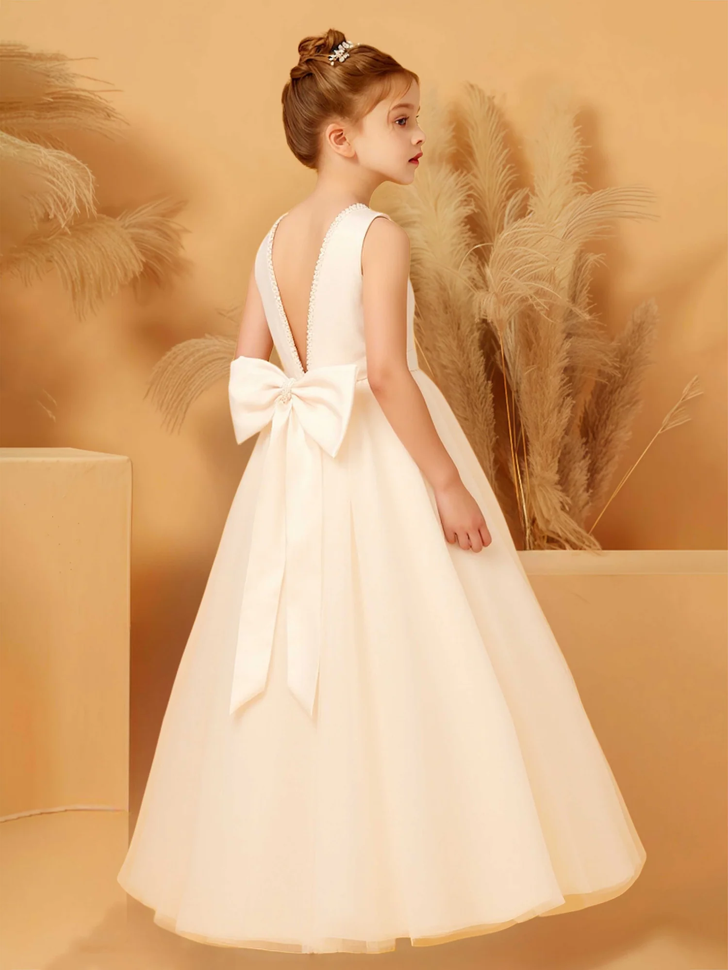 Ball Gown Scoop Neck Tulle Flower Girl Dress With Bow Champagne - Image 2