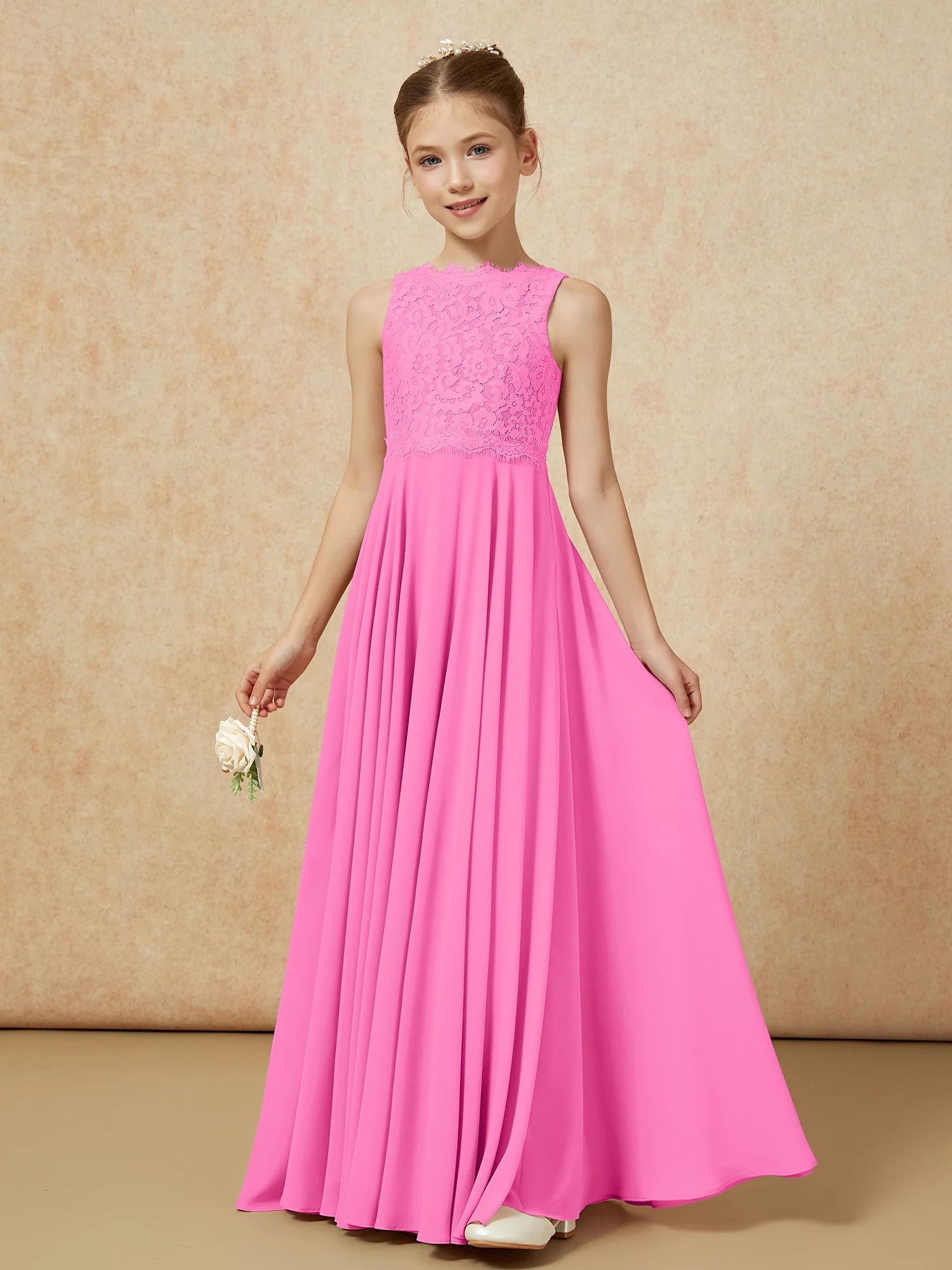 Bateau A-line Floor-length Chiffon Junior Bridesmaid Dress Azalea - Image 3