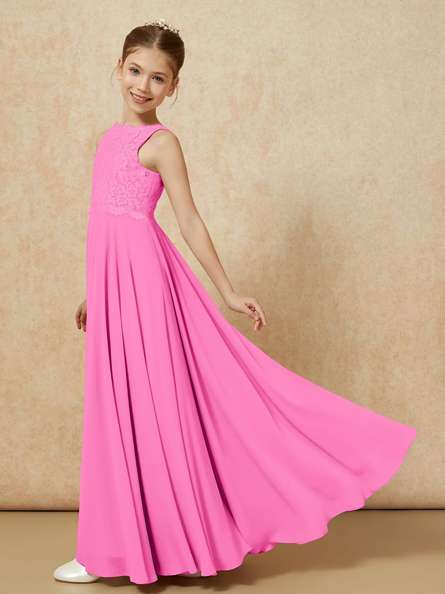 Bateau A-line Floor-length Chiffon Junior Bridesmaid Dress Azalea - Image 4