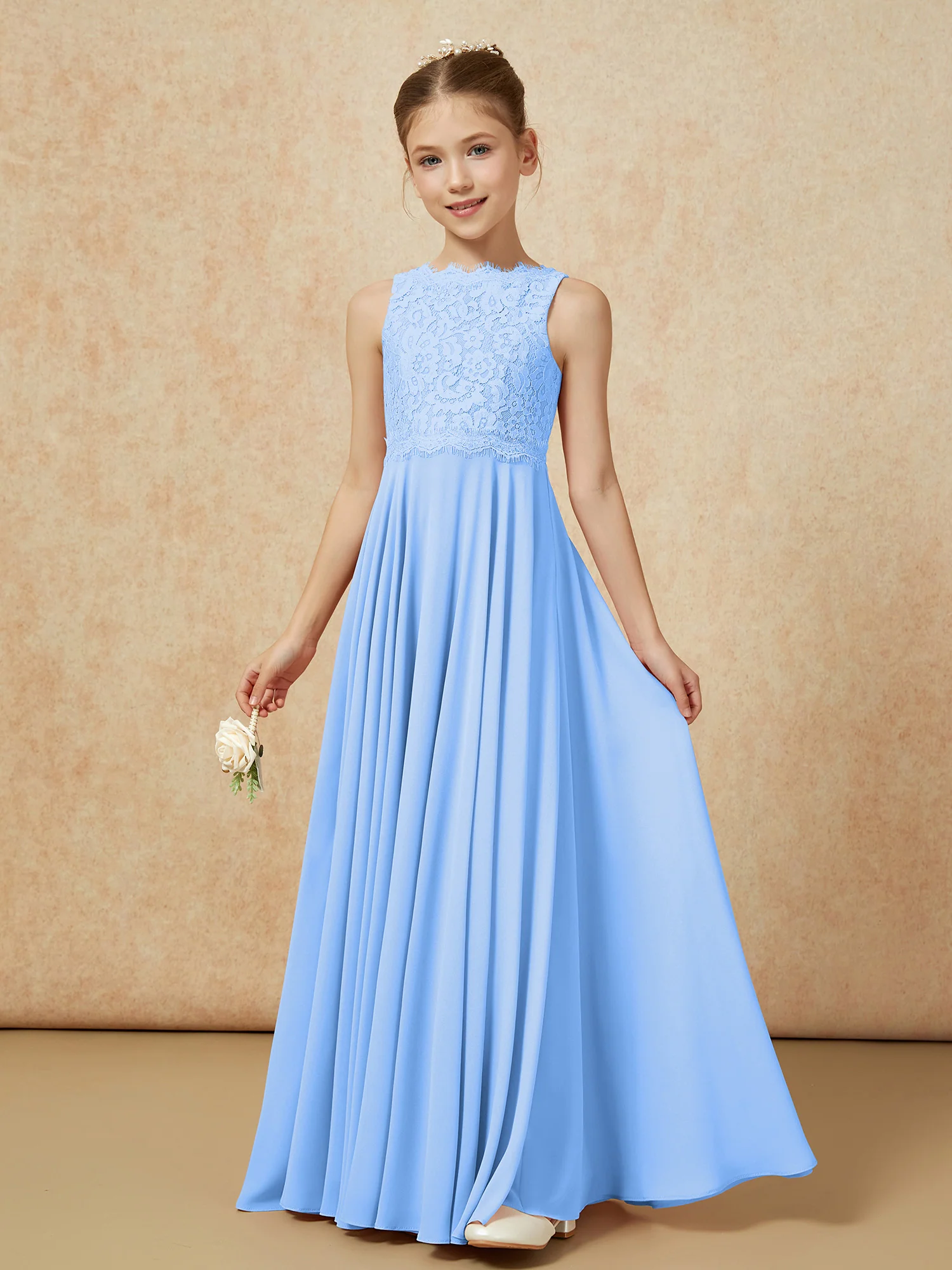 Bateau A-line Floor-length Chiffon Junior Bridesmaid Dress Blue - Image 3