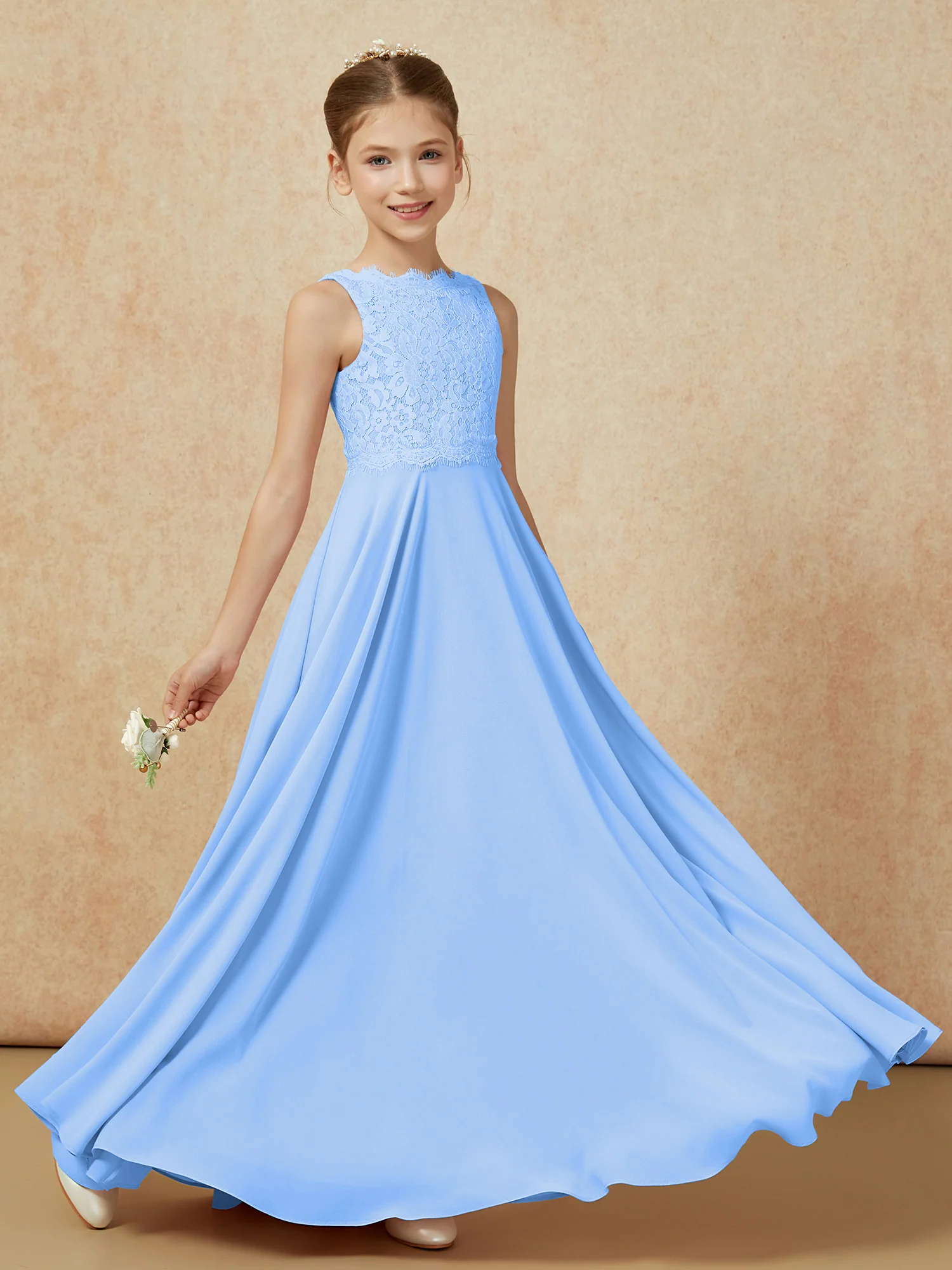 Bateau A-line Floor-length Chiffon Junior Bridesmaid Dress Blue - Image 6