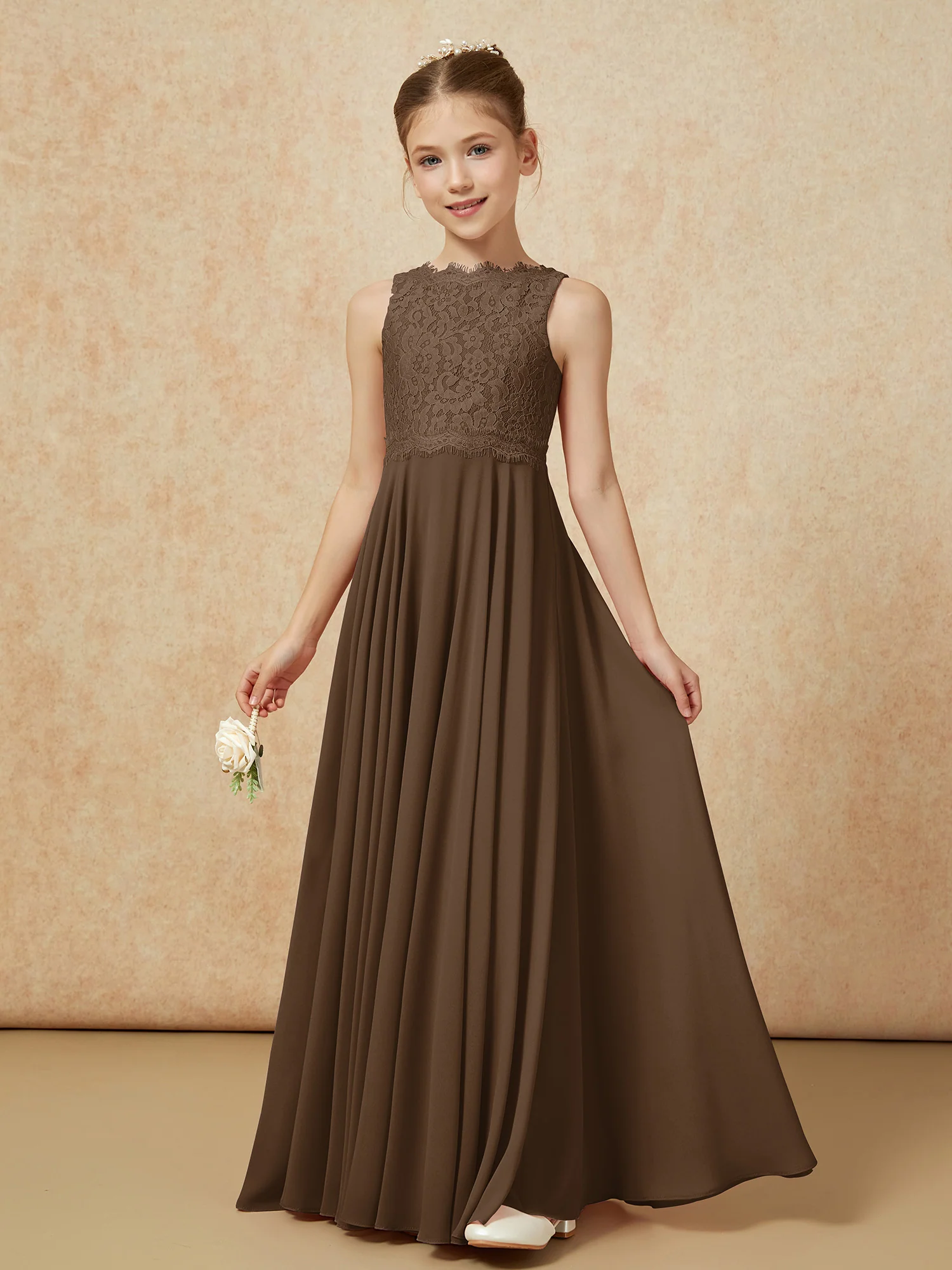 Bateau A-line Floor-length Chiffon Junior Bridesmaid Dress Brown - Image 3