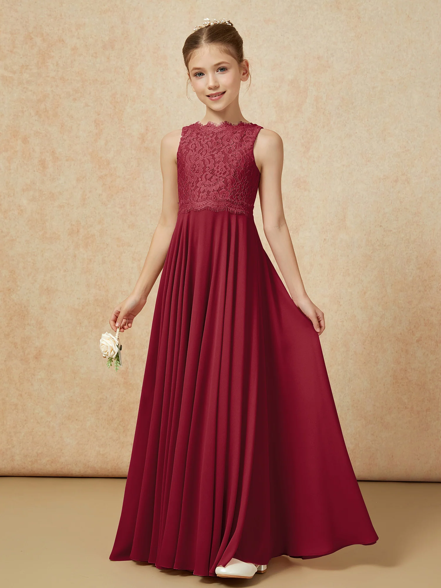 Bateau A-line Floor-length Chiffon Junior Bridesmaid Dress Burgundy - Image 3