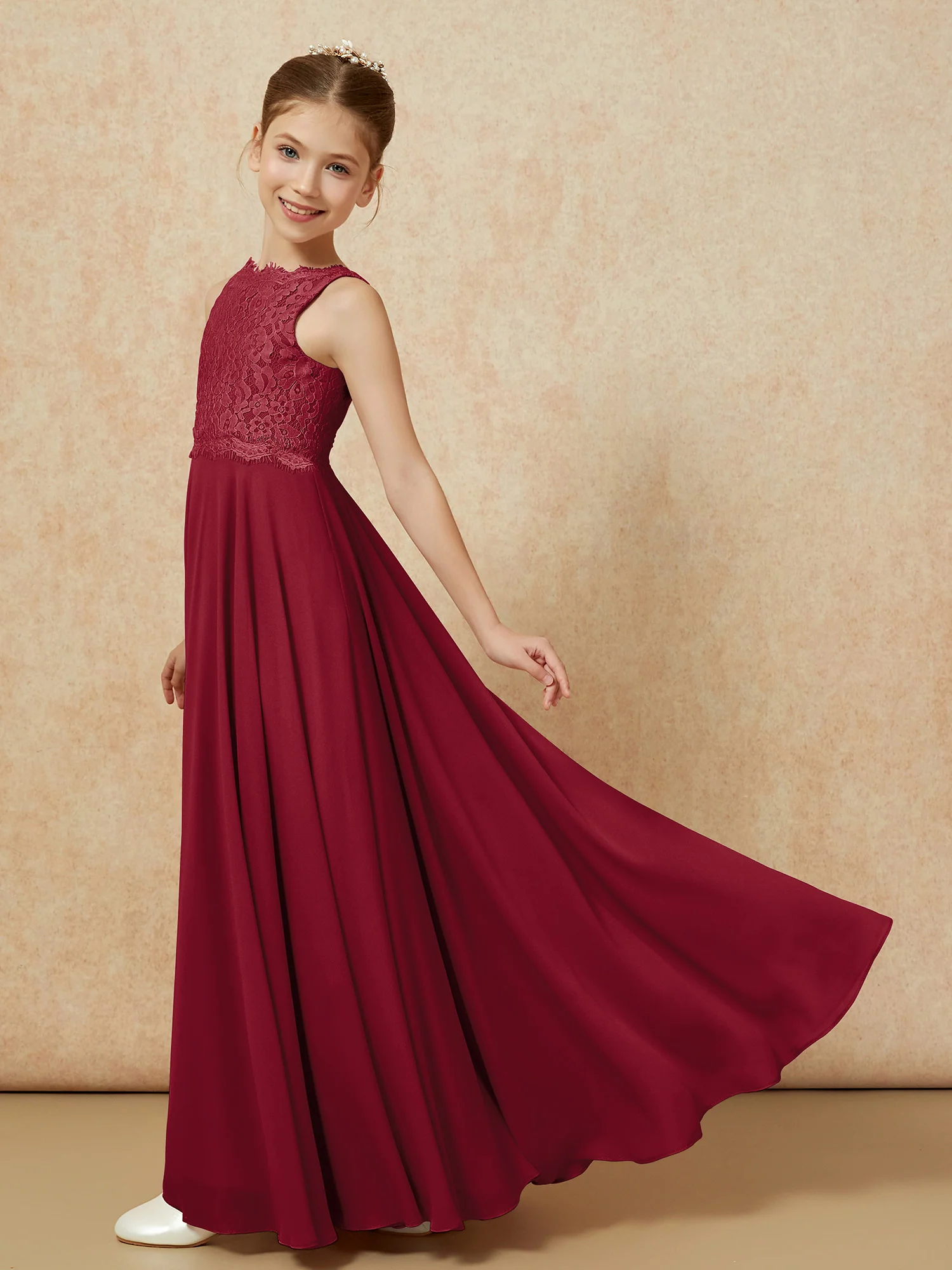 Bateau A-line Floor-length Chiffon Junior Bridesmaid Dress Burgundy - Image 4