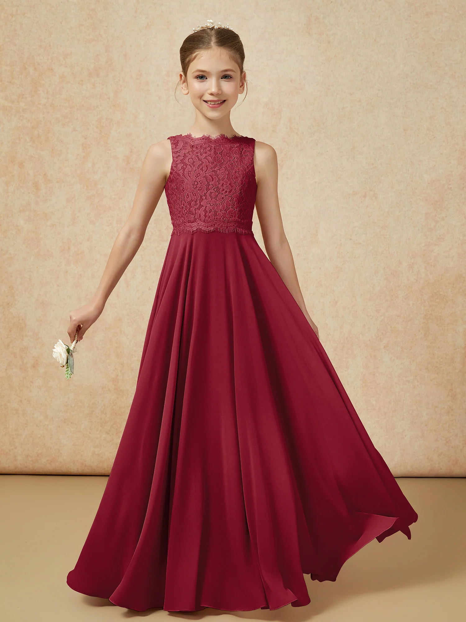 Bateau A-line Floor-length Chiffon Junior Bridesmaid Dress Burgundy - Image 5