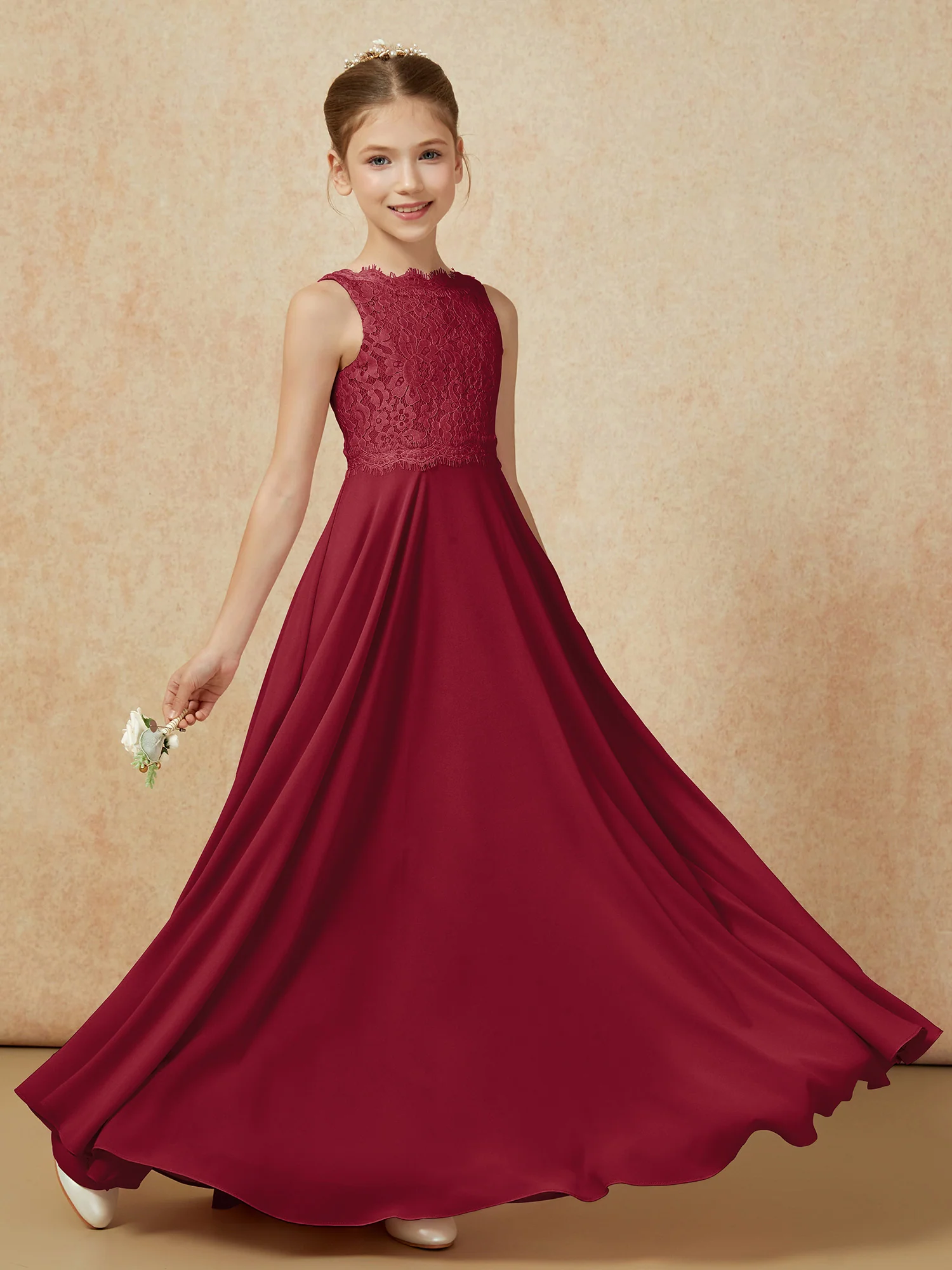 Bateau A-line Floor-length Chiffon Junior Bridesmaid Dress Burgundy - Image 6