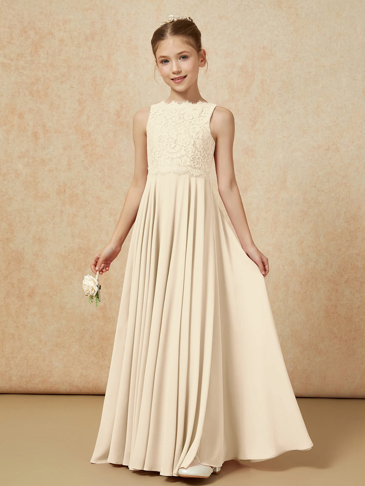 Bateau A-line Floor-length Chiffon Junior Bridesmaid Dress Champagne - Image 3