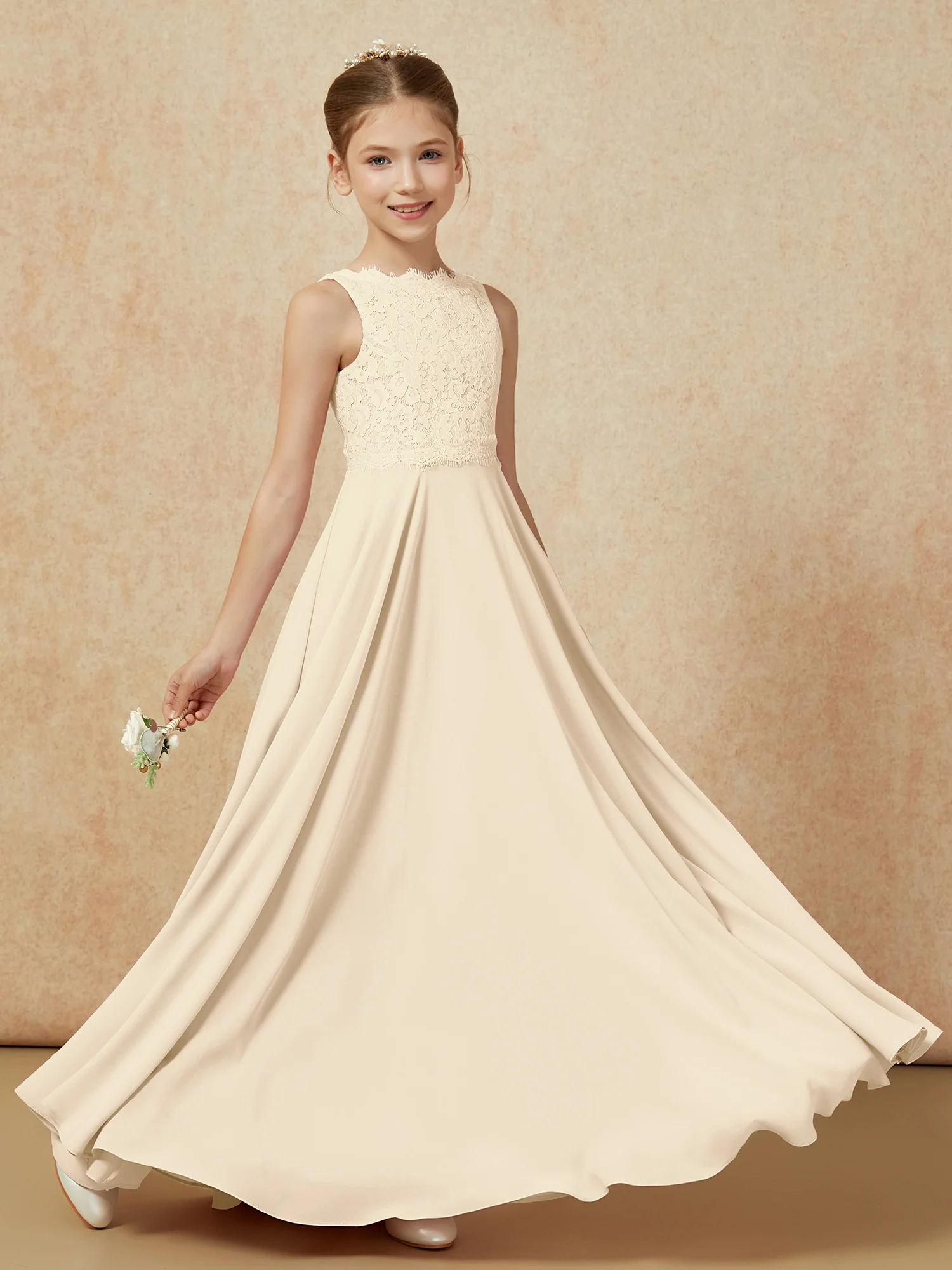 Bateau A-line Floor-length Chiffon Junior Bridesmaid Dress Champagne - Image 6