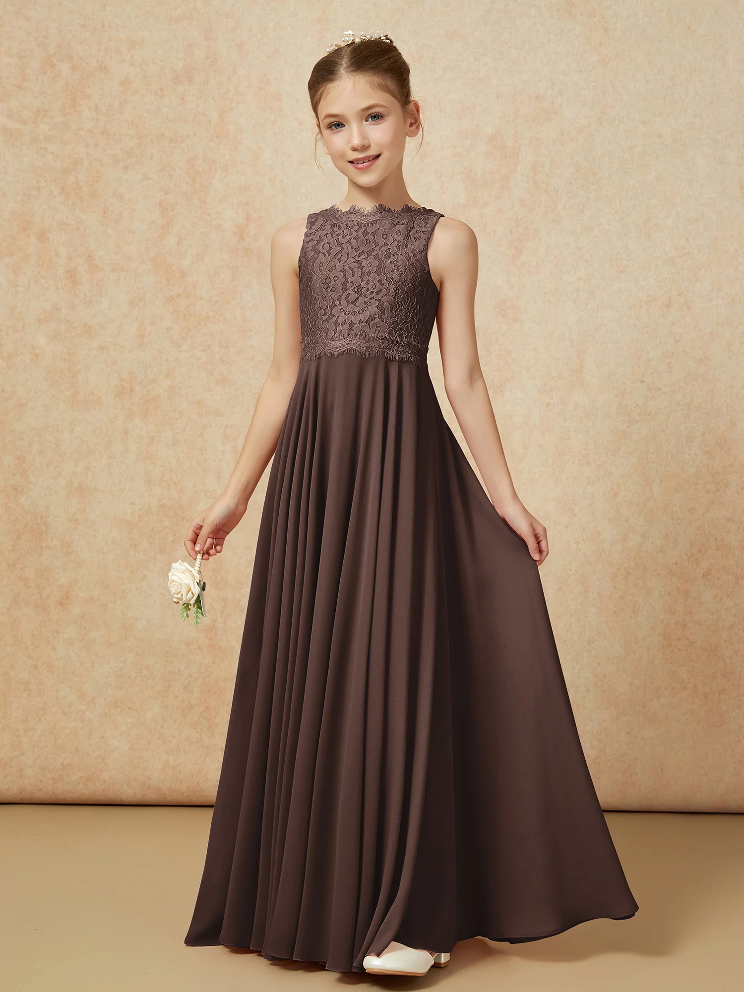 Bateau A-line Floor-length Chiffon Junior Bridesmaid Dress Chocolate - Image 3