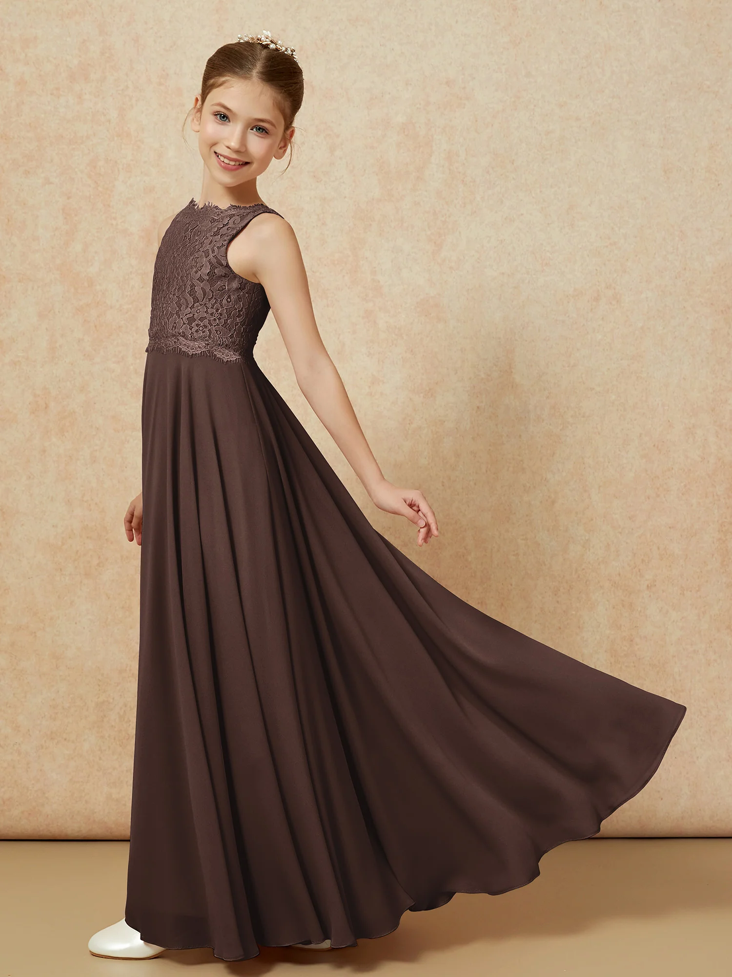 Bateau A-line Floor-length Chiffon Junior Bridesmaid Dress Chocolate - Image 4